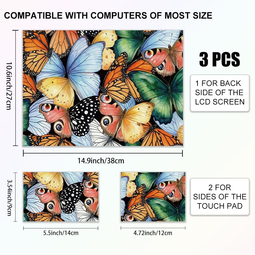3Pcs Laptop Skin Sticker Decal Butterfly PVC Laptop Sticker Fits for 12-16 Inch Notebook Waterproof Scratch Proof Watercolor Universal Notebook PC Personalized Protector Gift image 2