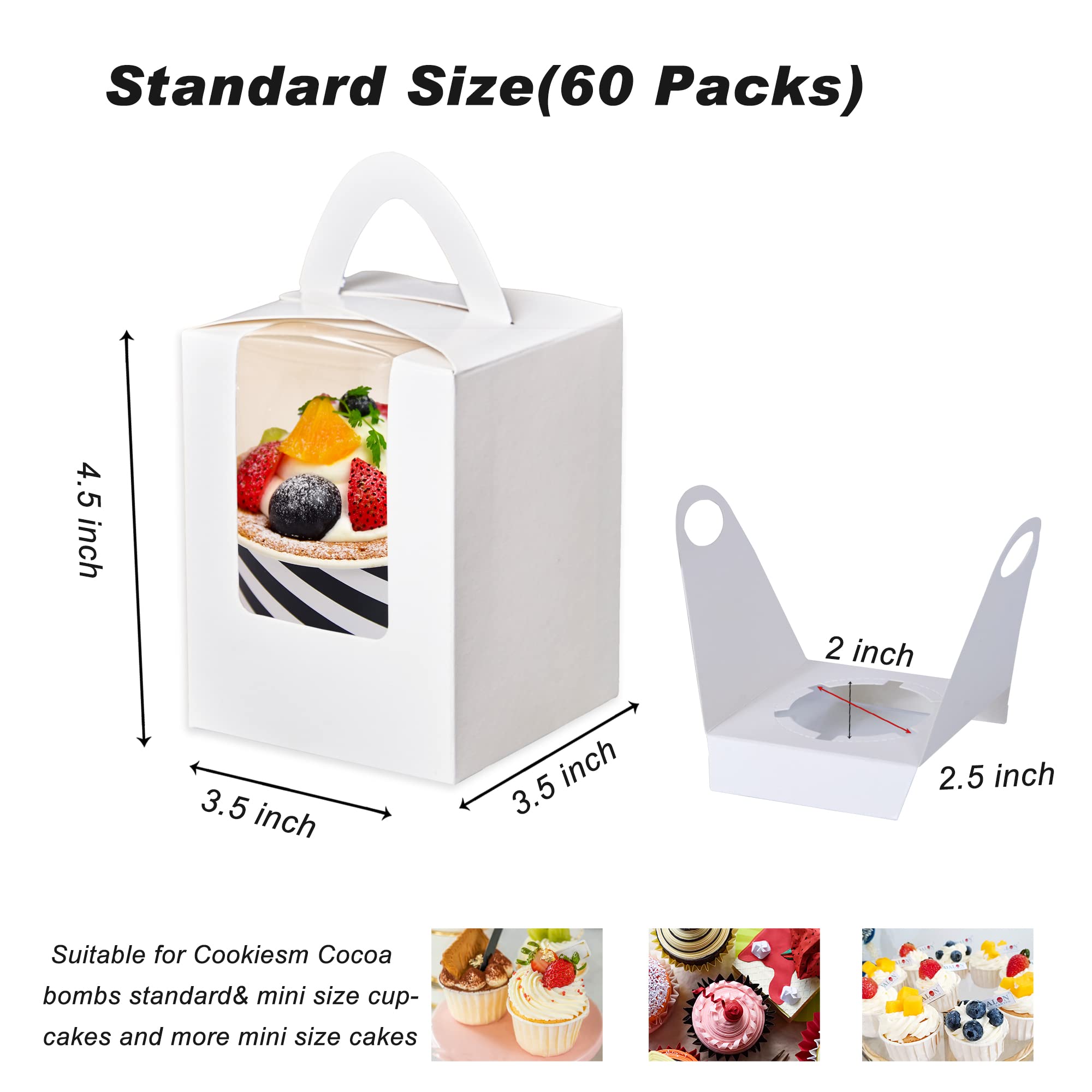 Zzrywuty Paquete de 60 cajas portátiles individuales para cupcakes con asa, 3.5 x 3.5 x 4.5 pulgadas, cajas de repostería con ventana para galletas, fresas de chocolate, postre, donas, cupcakes