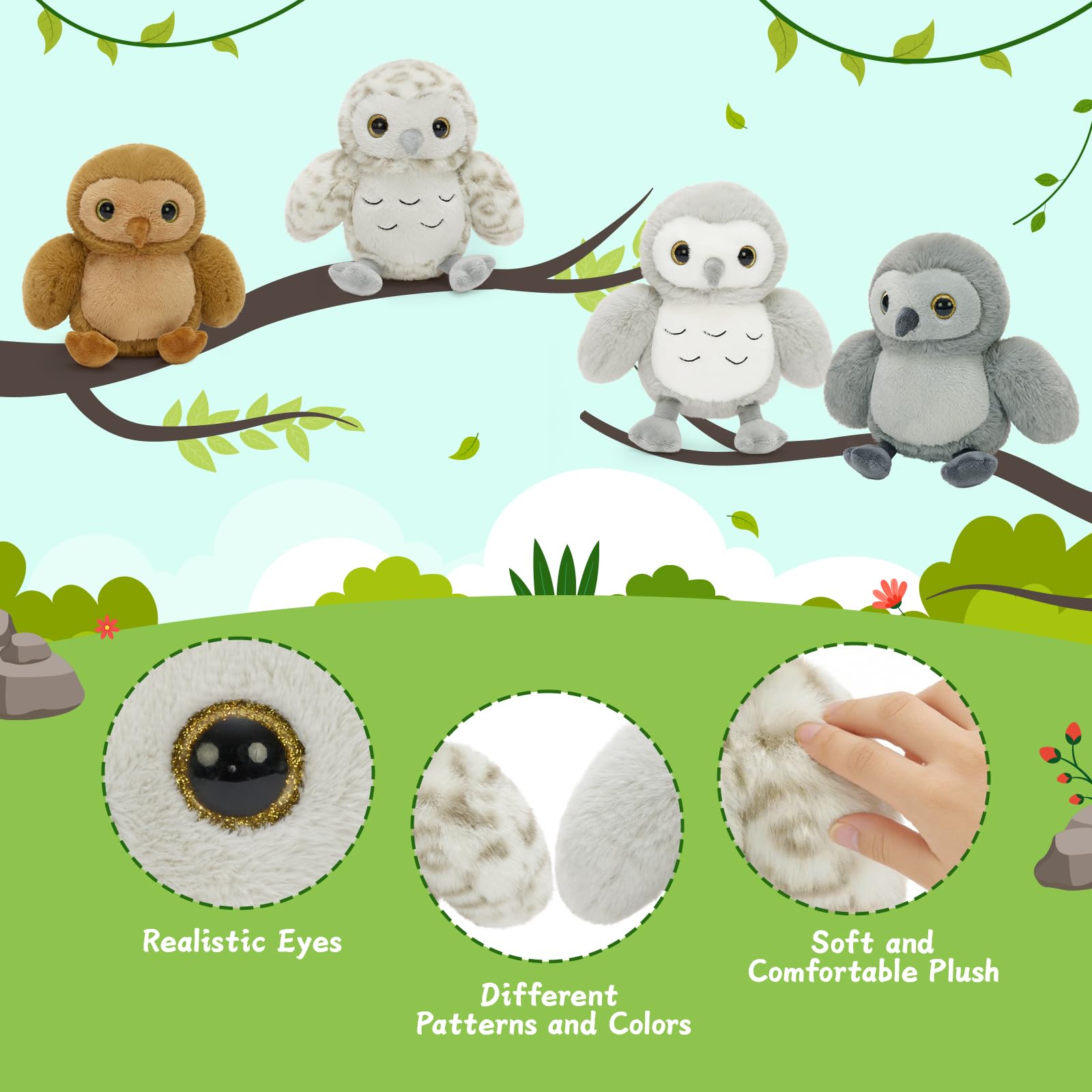 MorisMos 4 stücke süß Eule Kuscheltier Set, 20cm hoch weich Eule plüschtier stofftier Puppe Spielzeug owl, Geburtstag Weihnachten Geschenk Kinder Baby