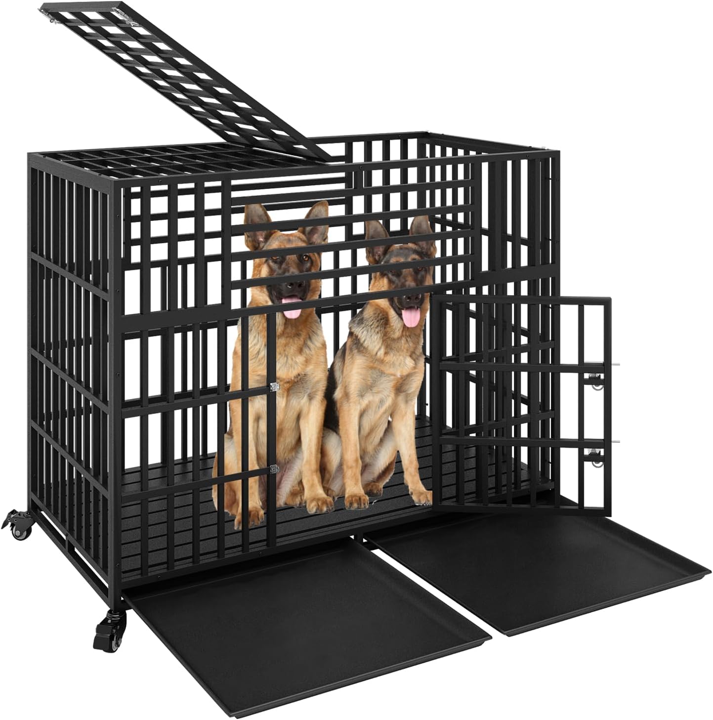 44'' Indestructible Heavy Duty Dog Crate, High Anxiety Impact Chewproof Metal Pointed Roof Cage for Medium Large Dogs, Double Door Indoor Steel Escape Proof Kennel with Wheels and Trays, XL