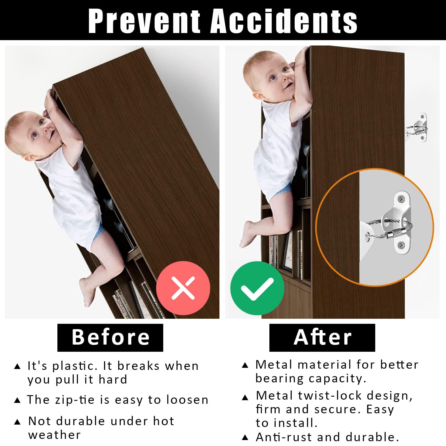 6 Cinghie Antiribaltamento Per Mobili - In Acciaio, Sicurezza Per Bambini E Animali - Foto 6