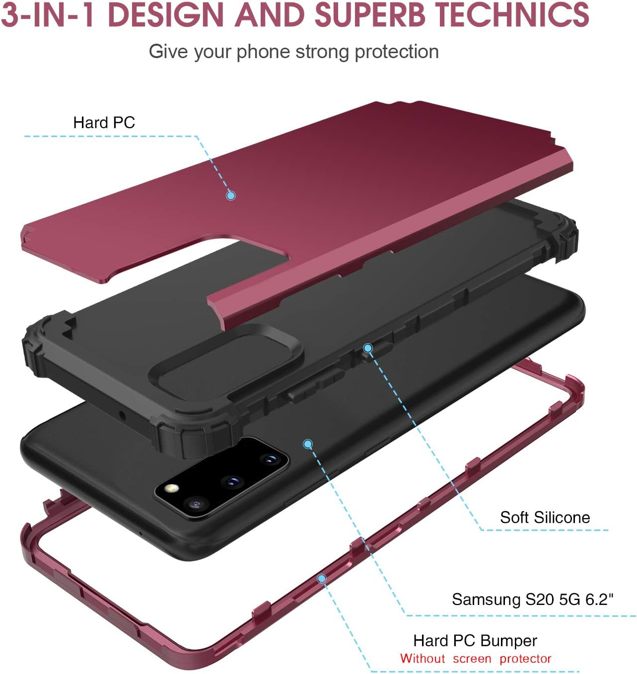 BENTOBEN Galaxy S20+ Plus Case Samsung Galaxy S20+ Cases 3 Layer Heavy Duty Full Body Rugged Shockproof Premium Hybrid Hard PC Soft Rubber Bumper Protective Phone Cover for S20+,Wine Red/Burgundy