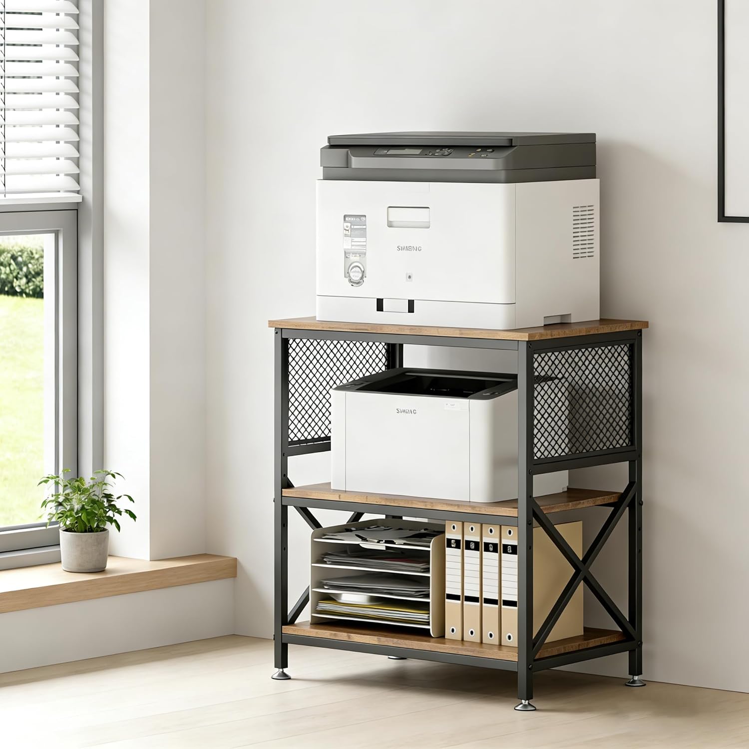 Large Printer Stand, Adjustable Height Printer Table with Storage Shelf, 23.6 x18.9 x 30 Inches 3 Tier Rolling Printer Cart for Home Office (Rustic Brown)