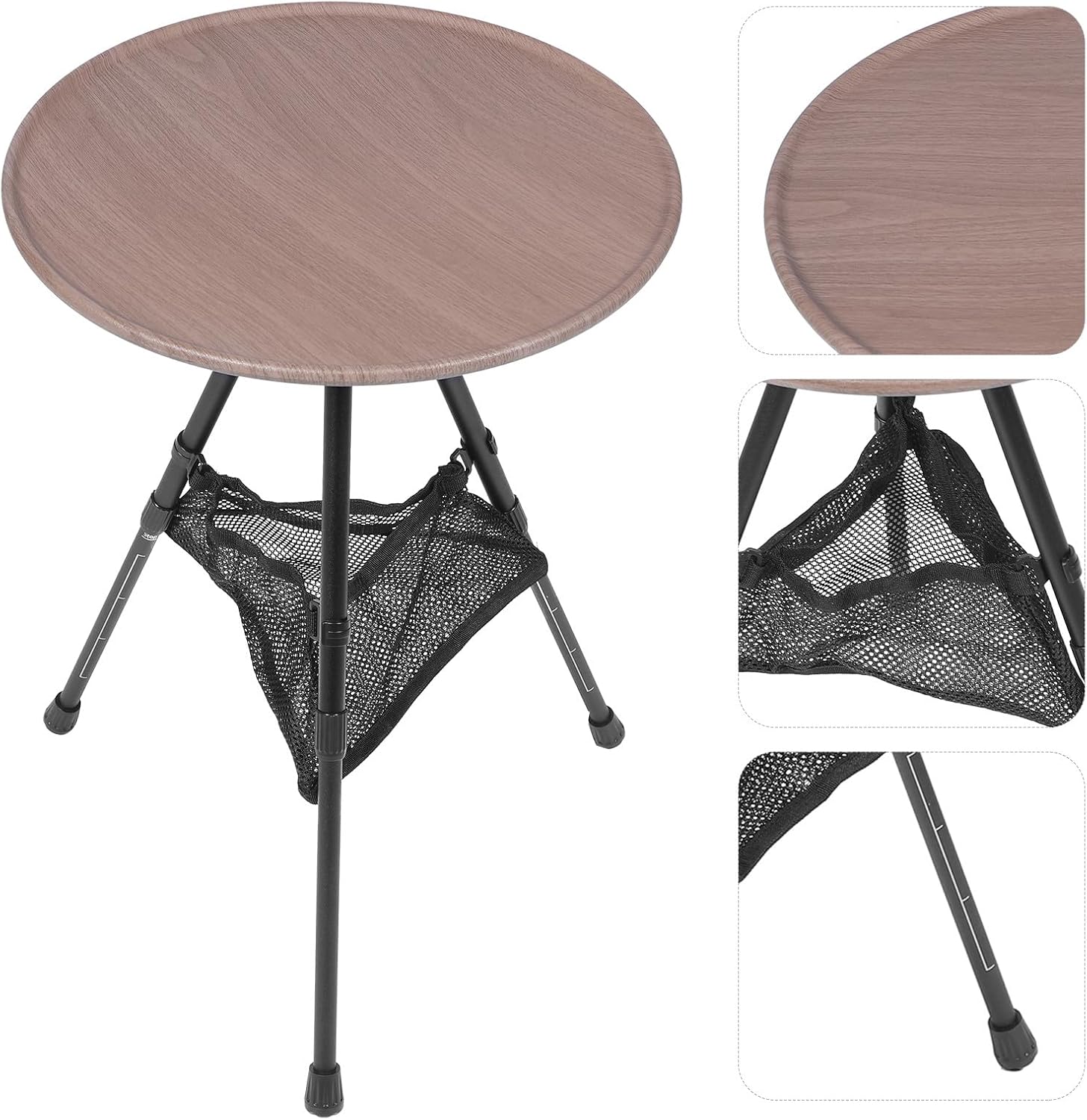 FRCOLOR Portable Camping Table Foldable Aluminum Alloy Small Round Outdoor Picnic Side Table with Adjustable Height and Mesh Storage Net for Hiking and Backyard Use