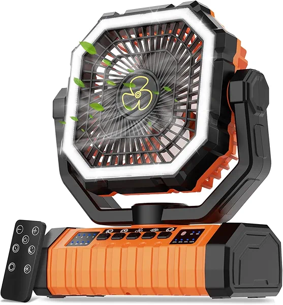 Camping Fan Rechargeable, 20000mAh Large Battery Powered Fans, 4 Speed Rechargeable Fan Portable with Remote, Cordless Battery Operated Fans with LED Light and Hanging Hook for Camp Tent Beach Outdoor
