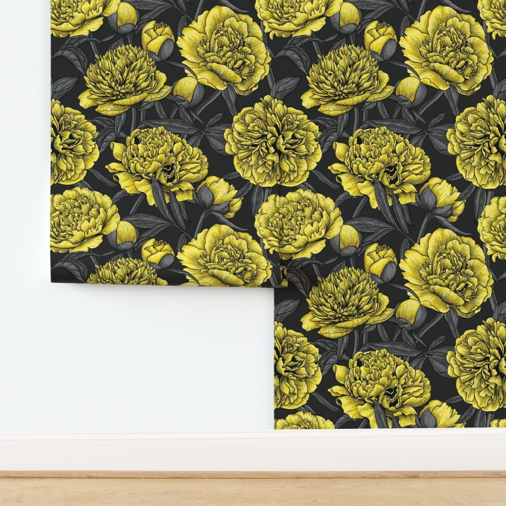 Peel & Stick Wallpaper 3ft x 2ft - Night Peony Yellow Gray Flower Leaves Floral Nature Plant Ink Custom Removable Wallpaper by Spoonflower