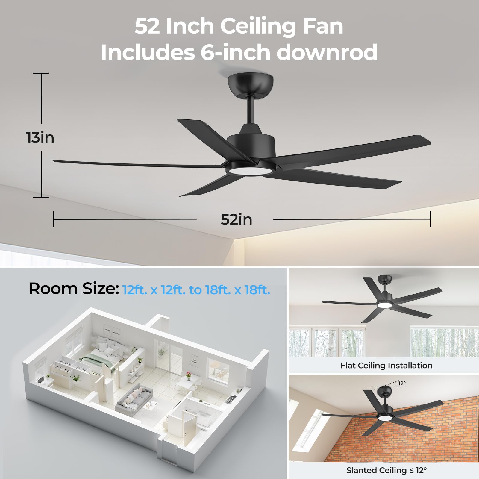 Ocioc 44-Inch Ceiling Fan With Light – Ultra-Quiet Reversible DC Motor, Nightlight, Remote Control, 3 Color Temps & Memory (White)