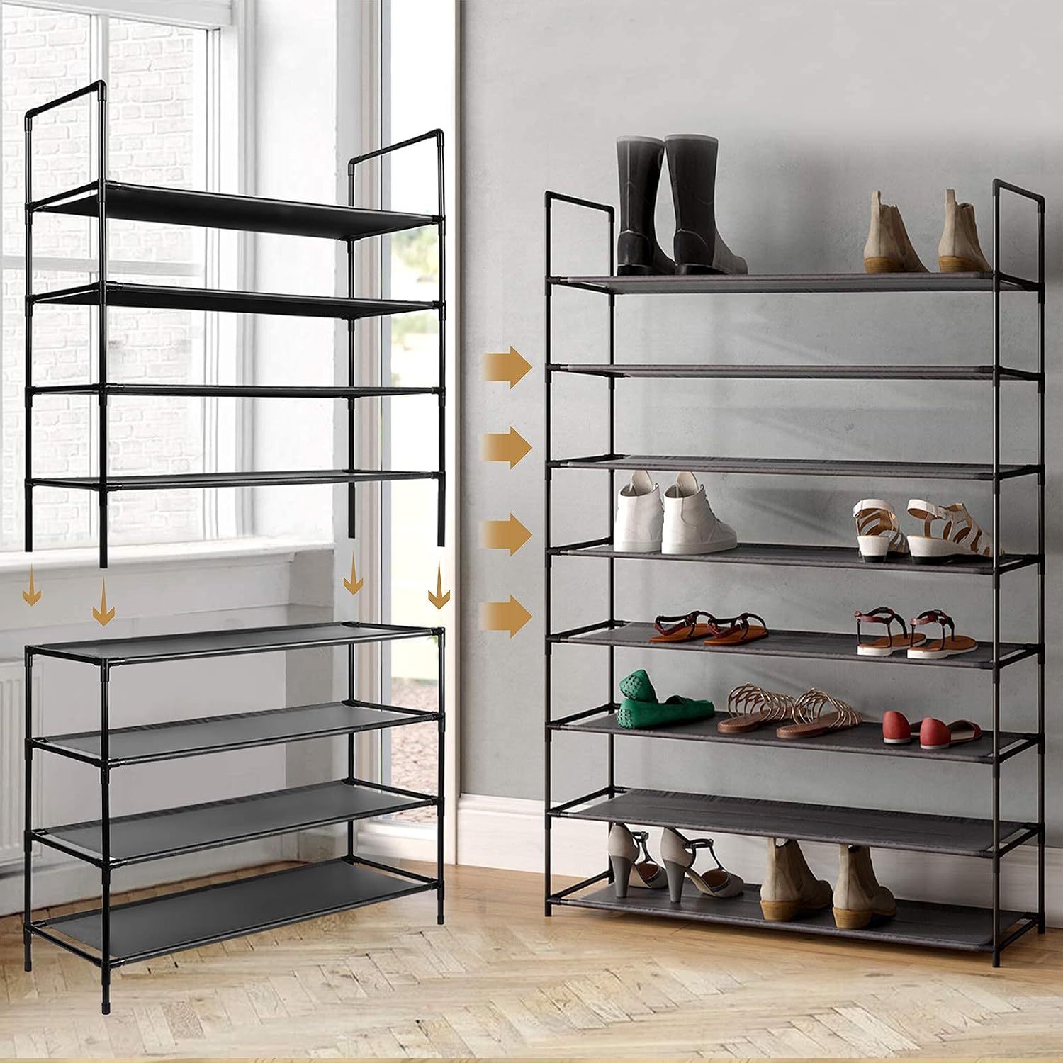 LEHOM Shoe Rack Organizer 4-Tier 16 Pairs, Metal Stackable Shoe Storage Non-Woven Fabric Shoe Shelf for Closet Floor Entryway Bedroom, Black