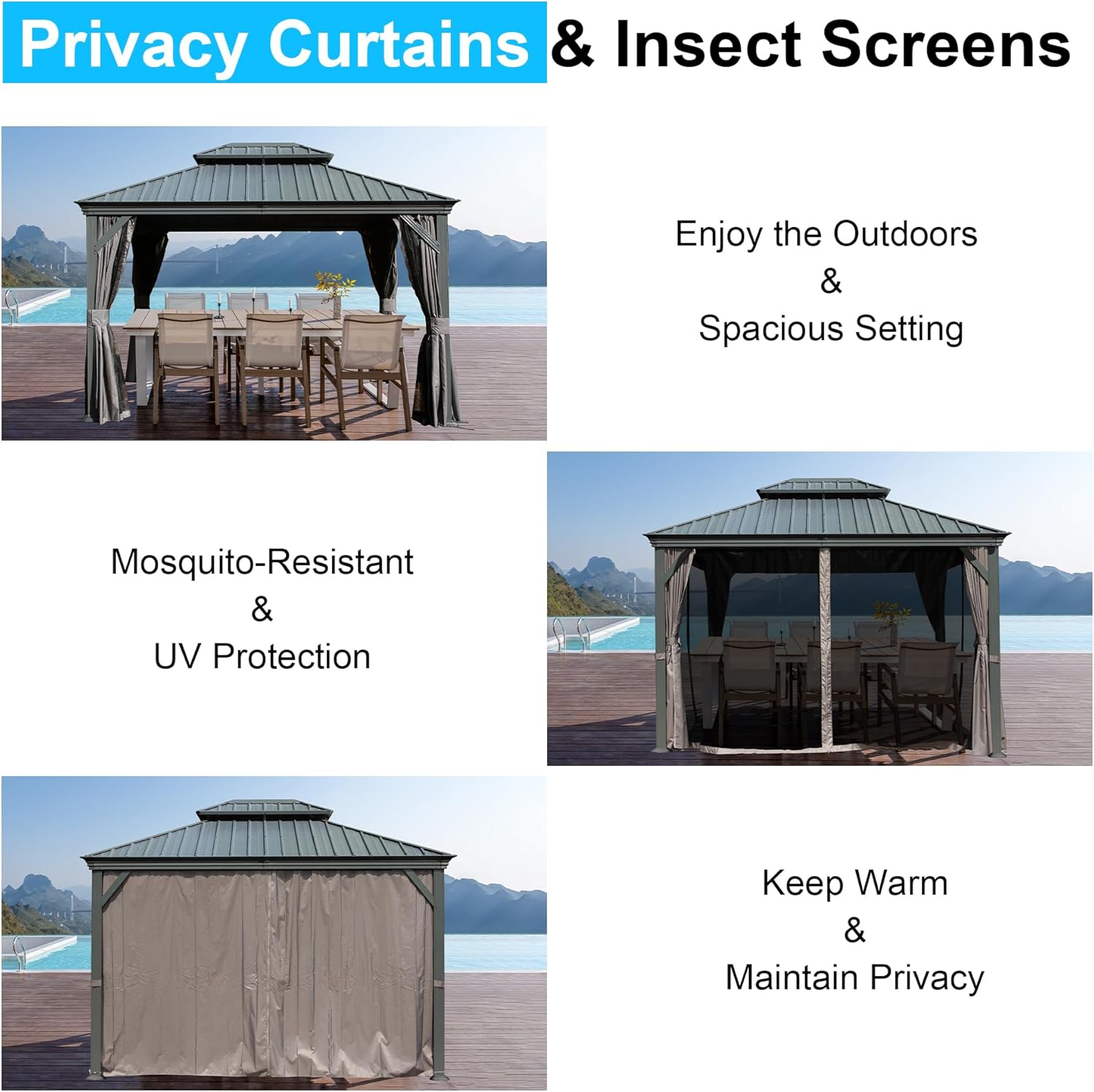 Domi 10’ x 12’ Outdoor Hardtop Gazebo, Upgraded Metal Gazebo with Galvanized Steel Double Roof, Heavy Duty Canopy Permanent Pavilion for Patio Lawn and Garden, Curtains and Netting Included, Grey