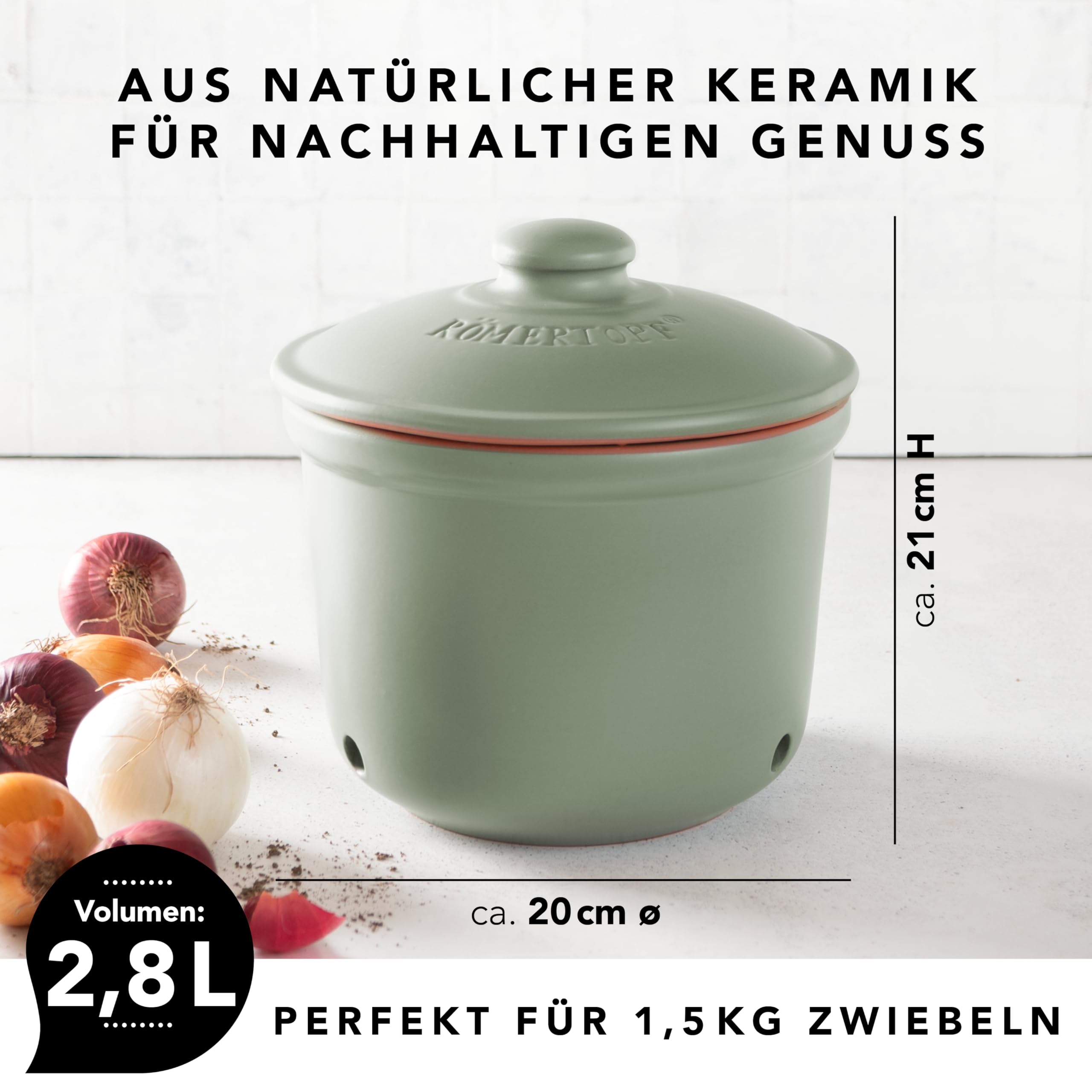 Römertopf MAXI – Olla para cebollas de cerámica, 2,8 L, recipiente transpirable para conservar las cebollas frescas más tiempo, verde