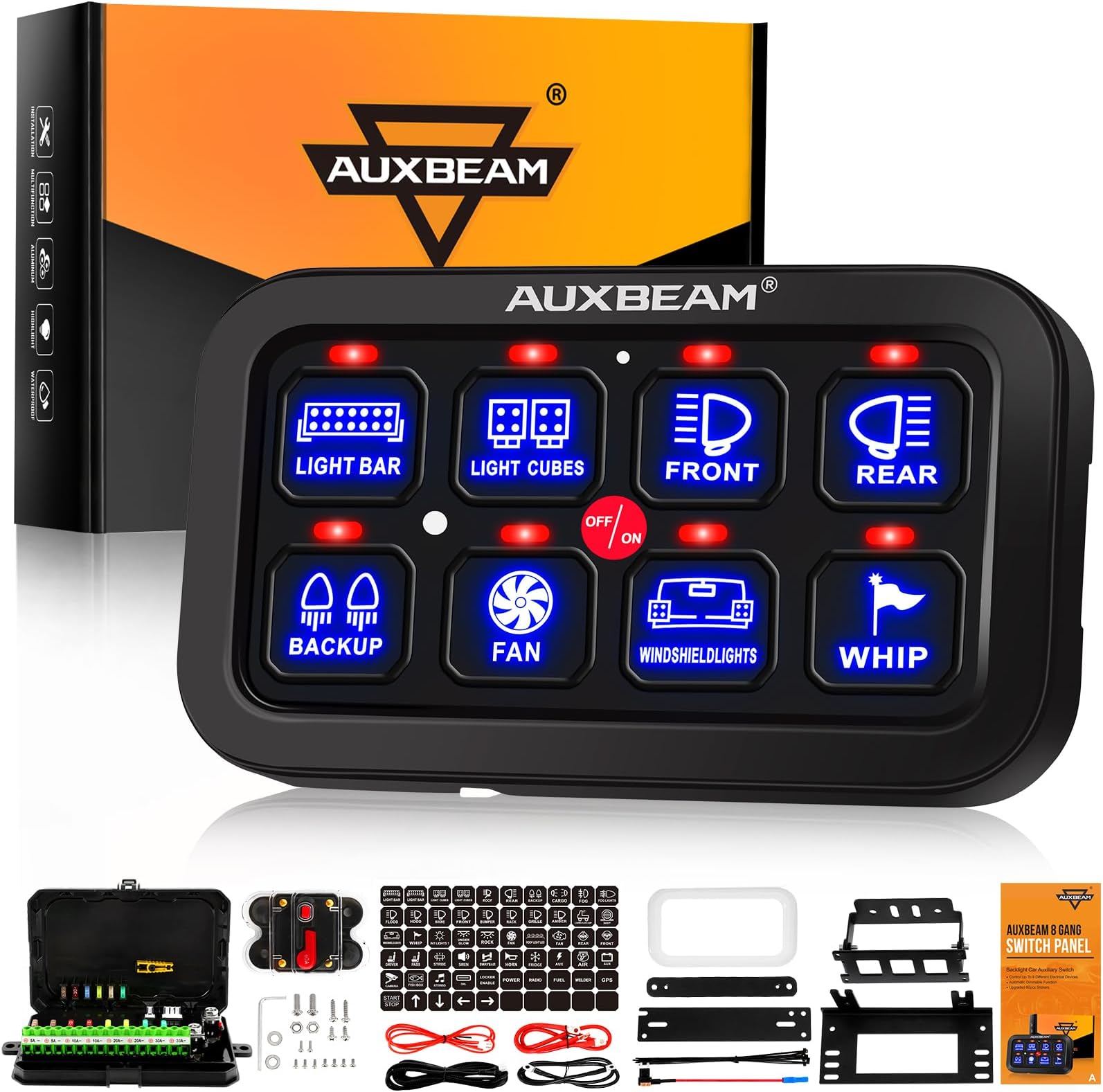 Auxbeam 8 Gang Switch Panel BA80, Universal Circuit Control Relay System Box with Automatic Dimmable On-Off LED Switch Pod Touch Switch Box for Car Pickup Truck Boat UTV ATV, Blue 3 Years Warranty