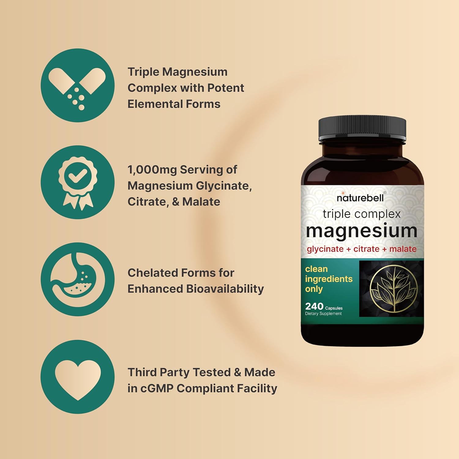Magnesium Complex 1,000mg, 240 Capsules | Triple Magnesium Complex with Glycinate, Citrate, & Malate | Chelated & Purified for Better Absorption | Filler Free, Non-GMO - Image 4