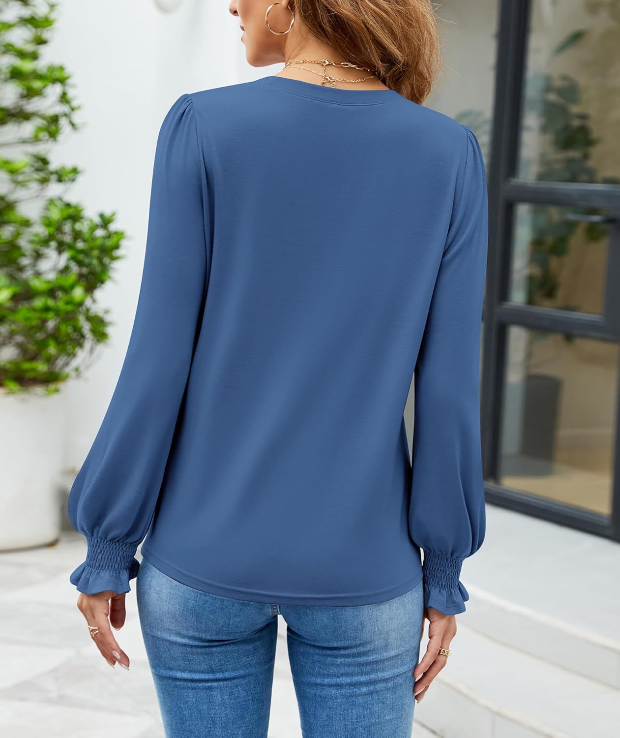 Funlingo Womens Long Sleeve Tops Fashion Fall Shirts Scoop Neck Pleated Ruffle Loose Tunic Tops Business Work Blouse - Image 3