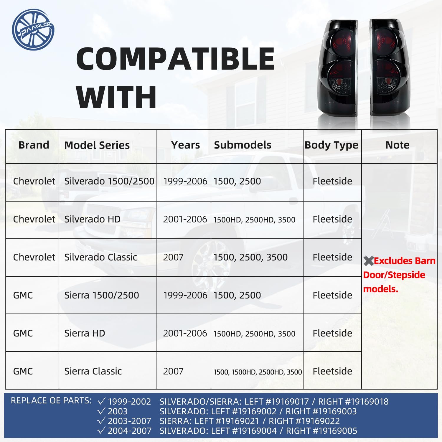 OE Replacement Tail Light for 1999-2007 Chevy Silverado 1500/2500/3500/1500HD/2500HD/Classic & GMC Sierra 1500/2500/3500/1500HD/2500HD/Classic Fleetside, 1 Pair (Stealth Aggressor Edition)