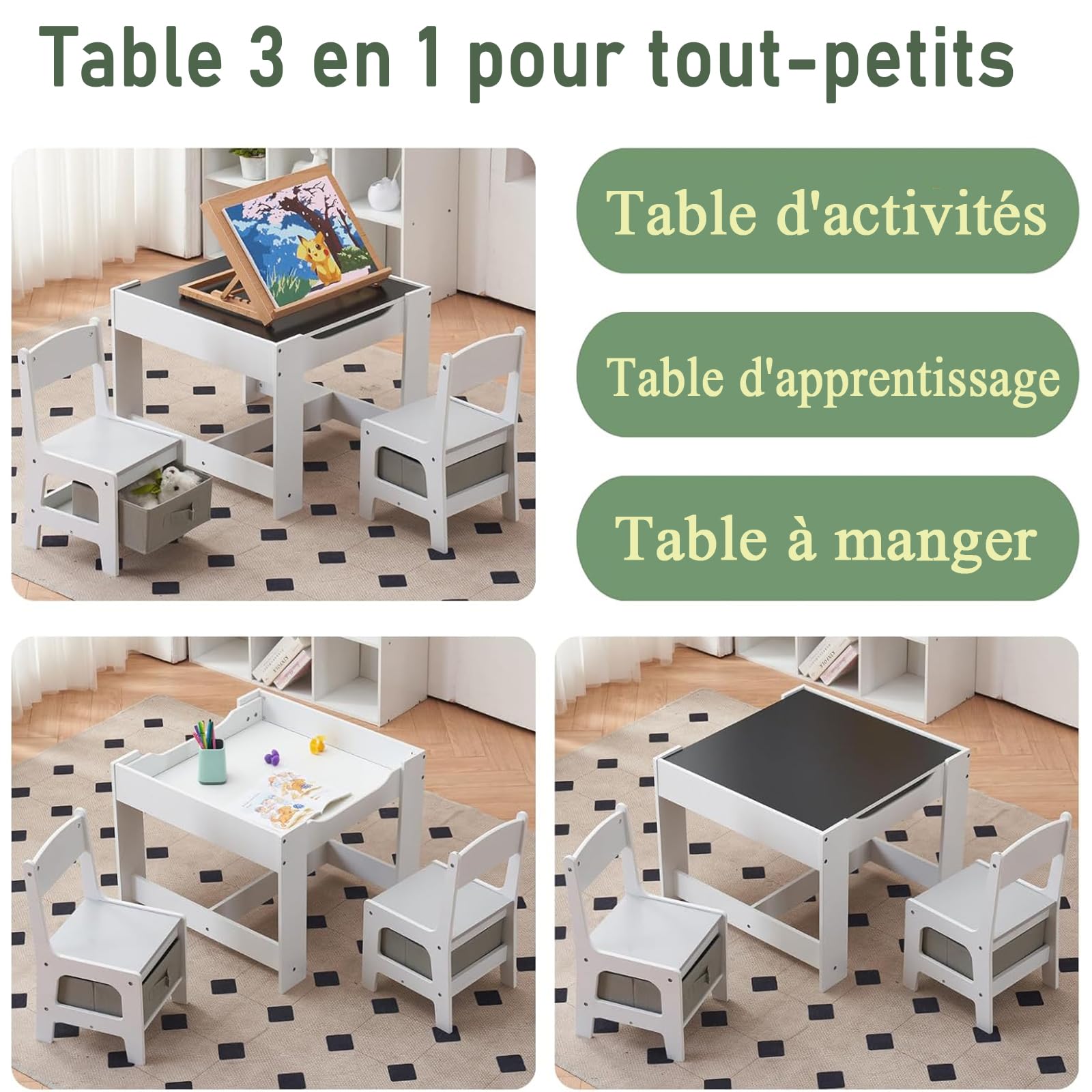 LEADZM Bureau pour Enfants, Table 3-en-1 avec 2 Chaises (3 pièces), à Dessin avec Espace de Rangement en Bois - Table Polyvalente pour Manger, Étudier et Jouer (Gris)