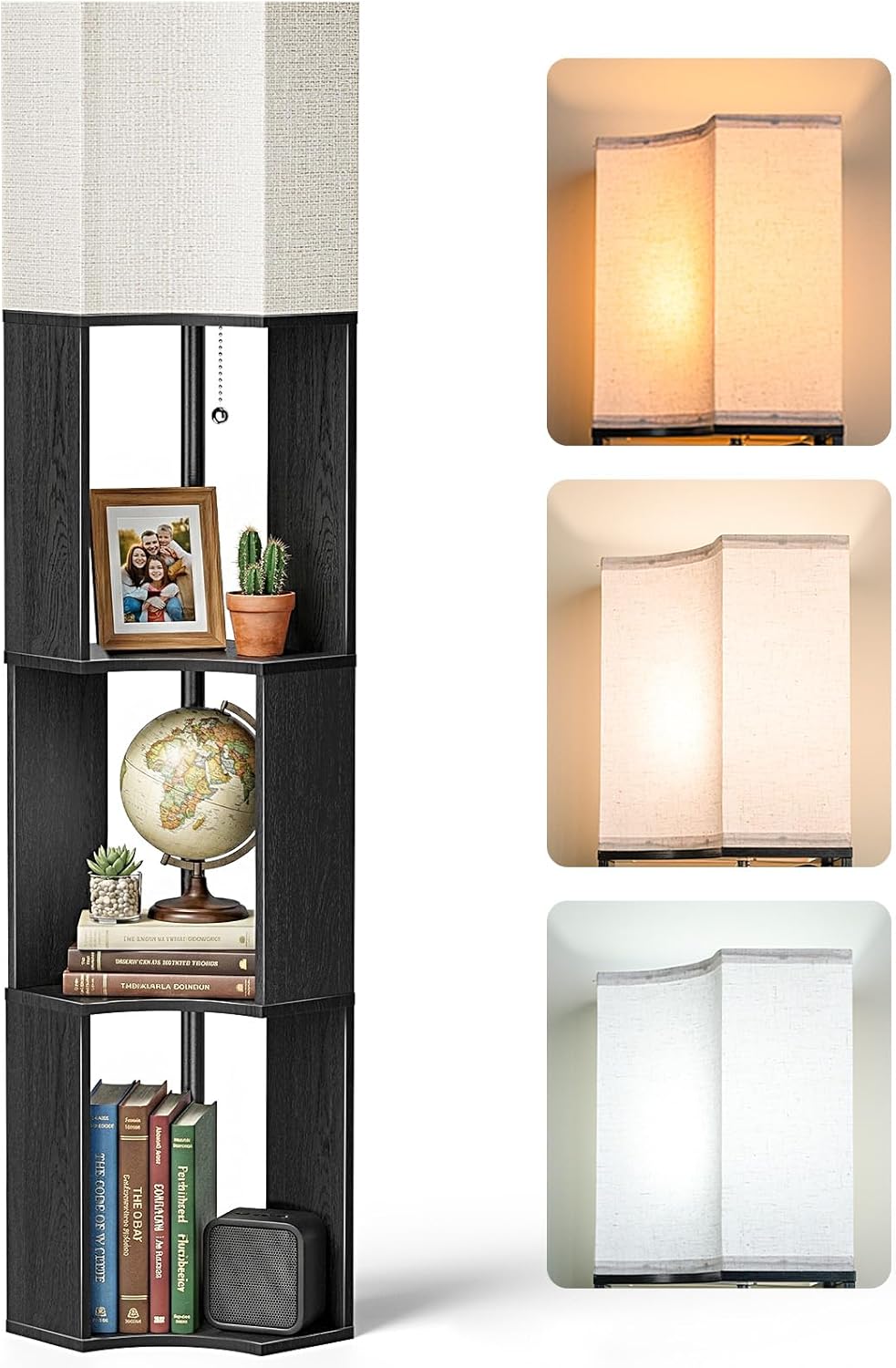 Corner Floor Lamp with Shelves, 62" 3-Tier Shelf Lamp for Living Room, Bedroom and Small Spaces, Fabric Shade, LED Bulb Included