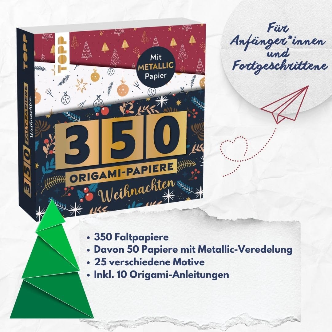 350 papeles de origami – Navidad: 350 papeles plegables (14 x 14 cm, 80 g/m²), en 25 diseños, de los cuales 50 papeles con lámina metálica, 20 páginas de Origami básico, tapa blanda