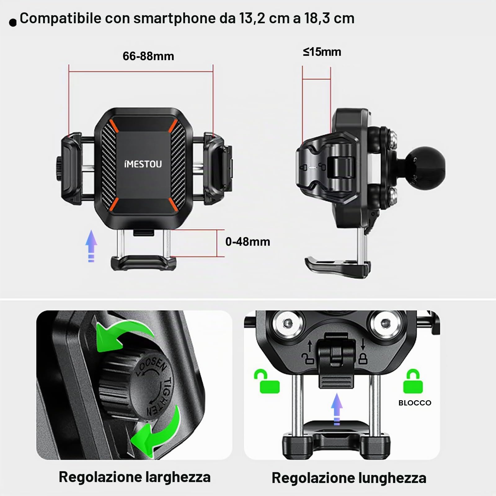 iMESTOU Supporto per Telefono Antivibrazione per Moto e Bici con Ammortizzatori e Design Antifurto, Supporto per Telefono a Sfera da 25mm Adatto per Telefoni da 5,2" a 7,2" Fino a 15 mm di Spessore