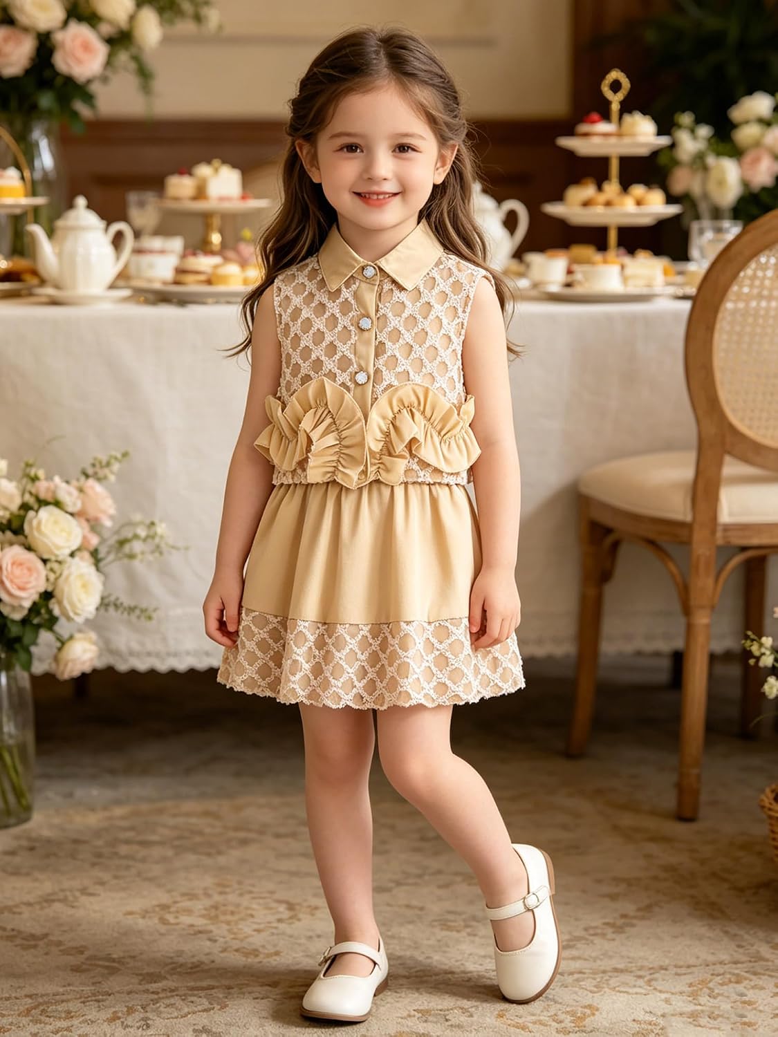 Toddler Girls Lace Button Lapel Vest with Ruffled Trim And Elastic Waist Skirt 2-Piece Set Khaki 6-7 Years