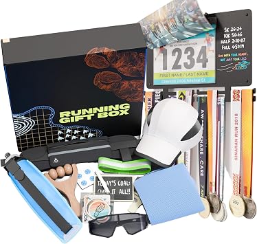 BLAUBECK Runners Gift Bundle | 10 Running Accessories & Medal Display | Chalkboard, Bib Holders, Massage Roller, Cooling Towel & More | Gifts for Marathoners, Beginners, and Triathletes