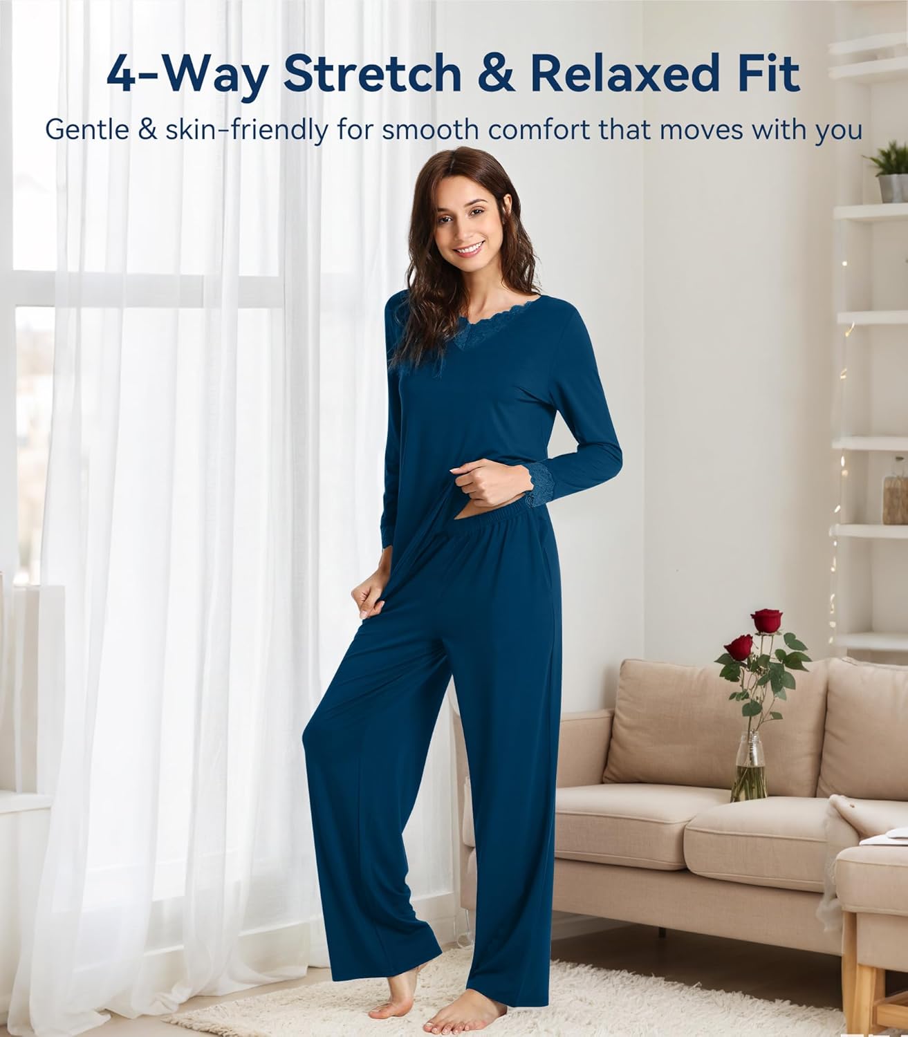 WiWi Bamboo Viscose Pajamas Sets for Women Lace Trim Long Sleeve Sleepwear Lounge Sets Plus Size Pjs with pockets S-4X - Image 2