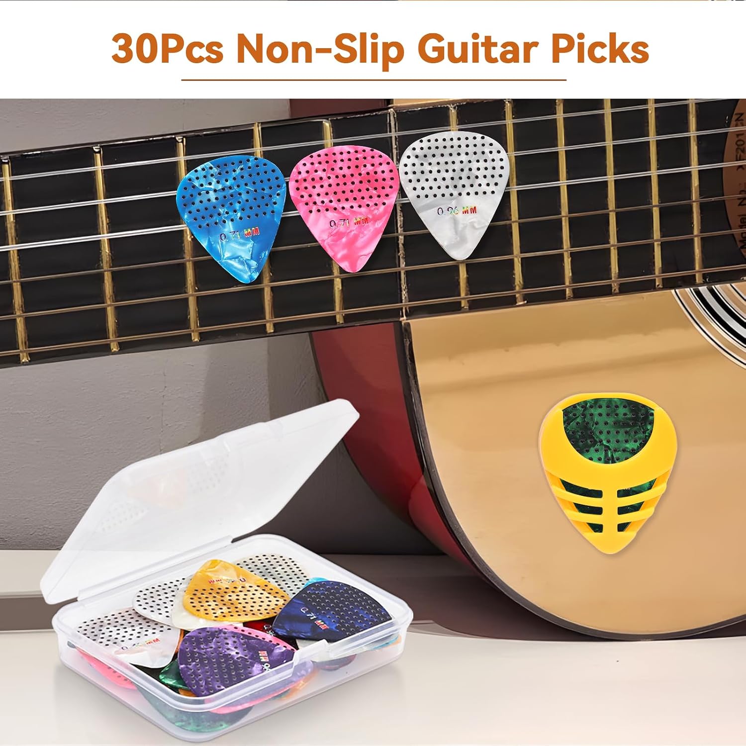 30 Packs Guitar Picks with Grips Non-slip, Includes Thin Medium Heavy Guitar Pick 0.46 0.71 0.96mm, Variety Colorful with Holder and Storage Case for Acoustic Electric Guitar Bass Ukulele