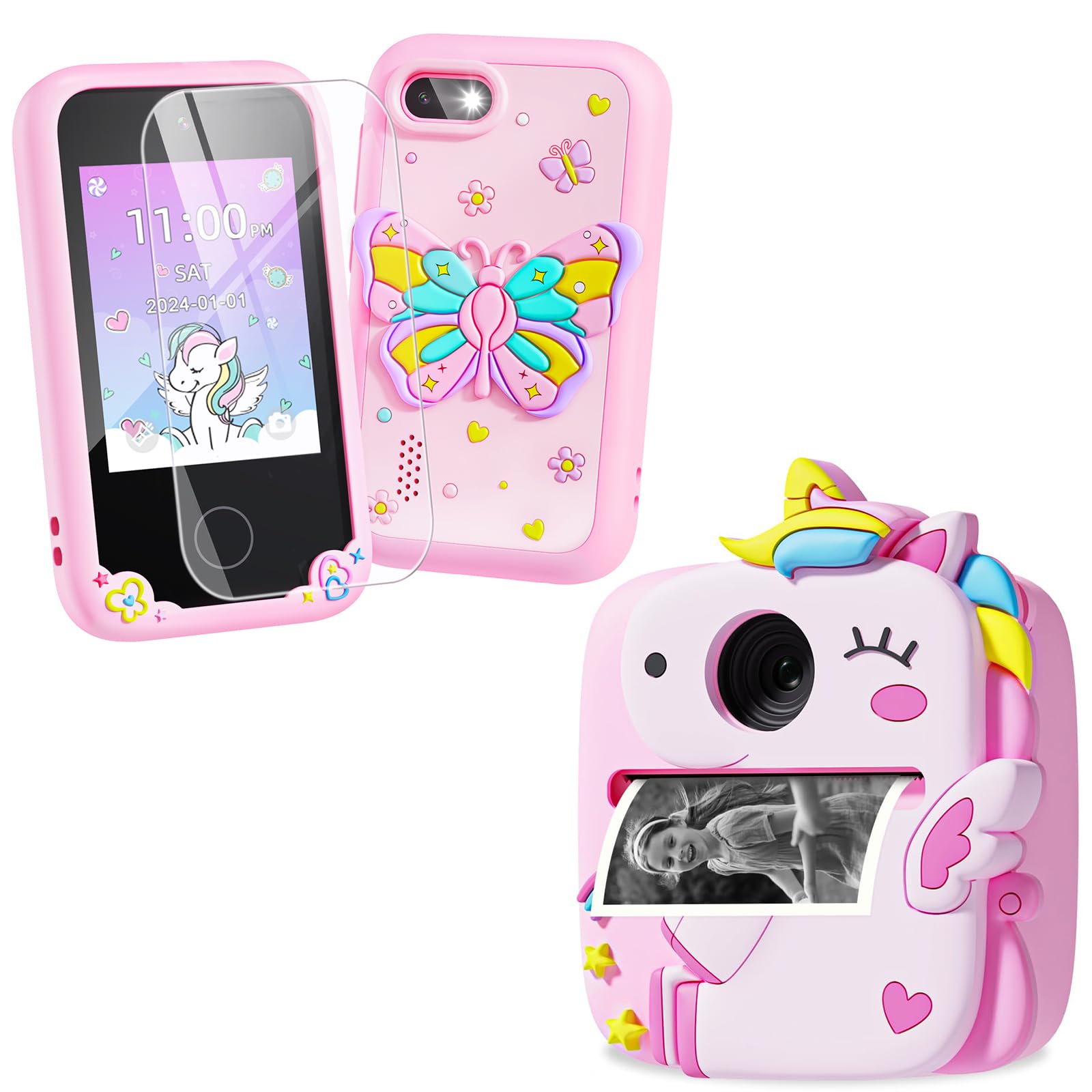 Eltrynic Kids Smart Toy Phone Purple and Kids Camera Instant Print Unicorn Toys Pink