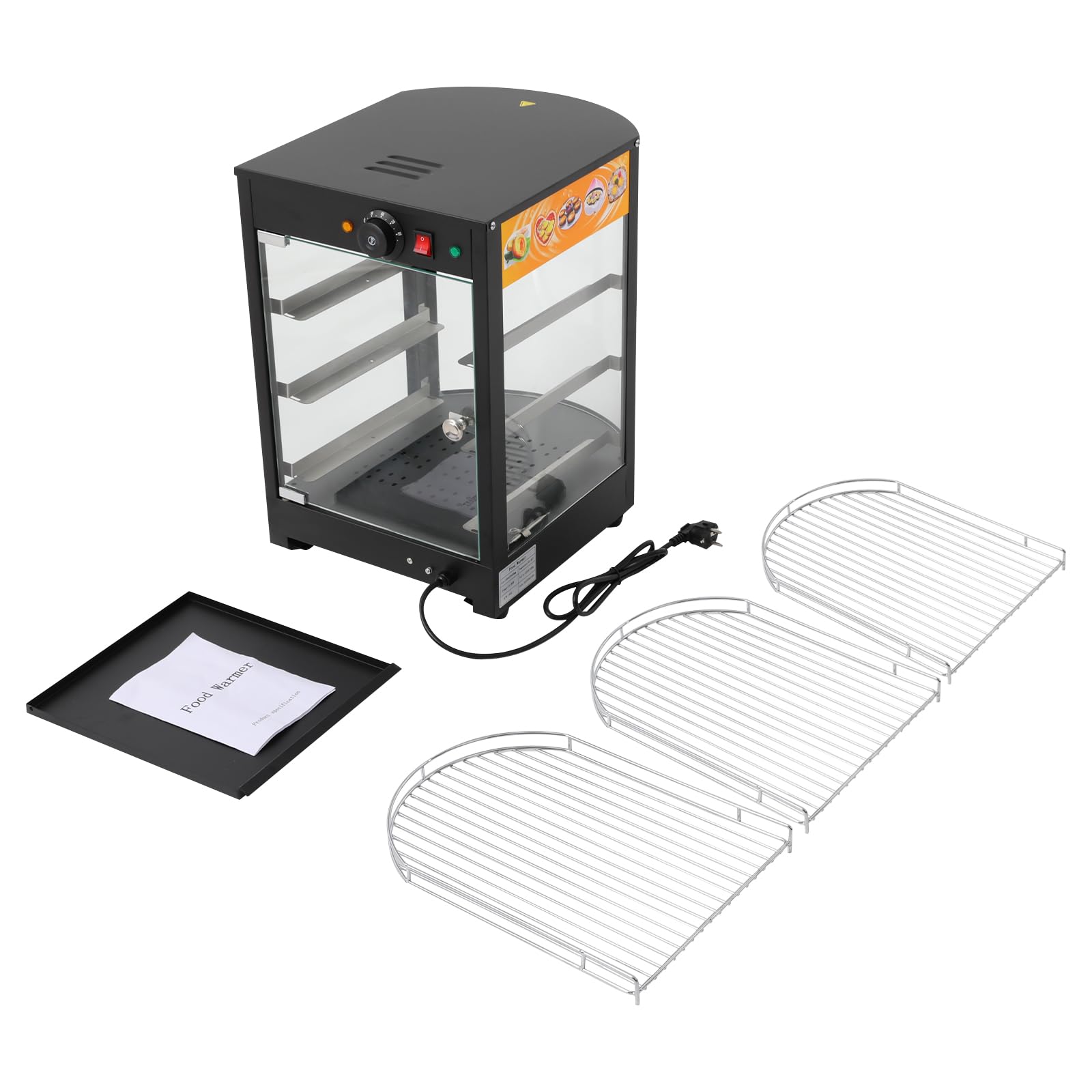 Scaldalibi commerciali a 3 livelli, 800 W, con luce, regolazione della temperatura da 30 °C a 85 °C, scaffale in filo a 3 livelli, contenitore per hamburger, pizza, pane, pollo arrosto