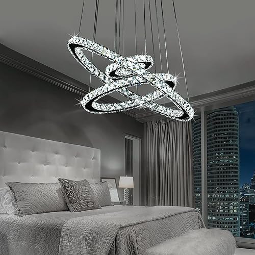 Miniatura 3 de Kai Moderno candelabro de cristal regulable con control remoto, 3 anillos, lámpara colgante de techo LED para comedor, sala de estar, dormitorio,