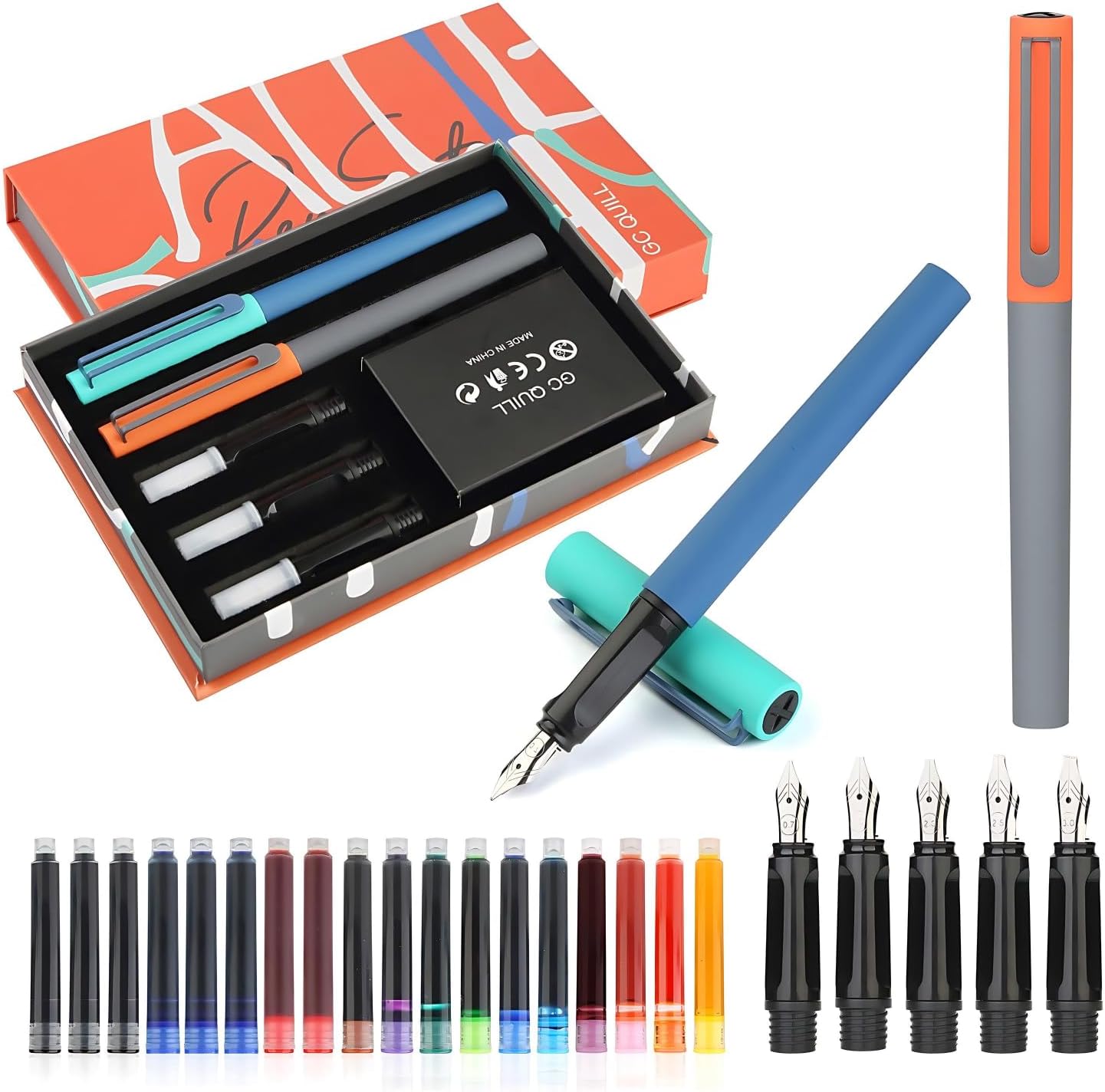 Calligraphy Fountain Pens Set - 5 Different Nibs and 18 Ink Cartridges, Calligraphy Set for Beginners - MU-20