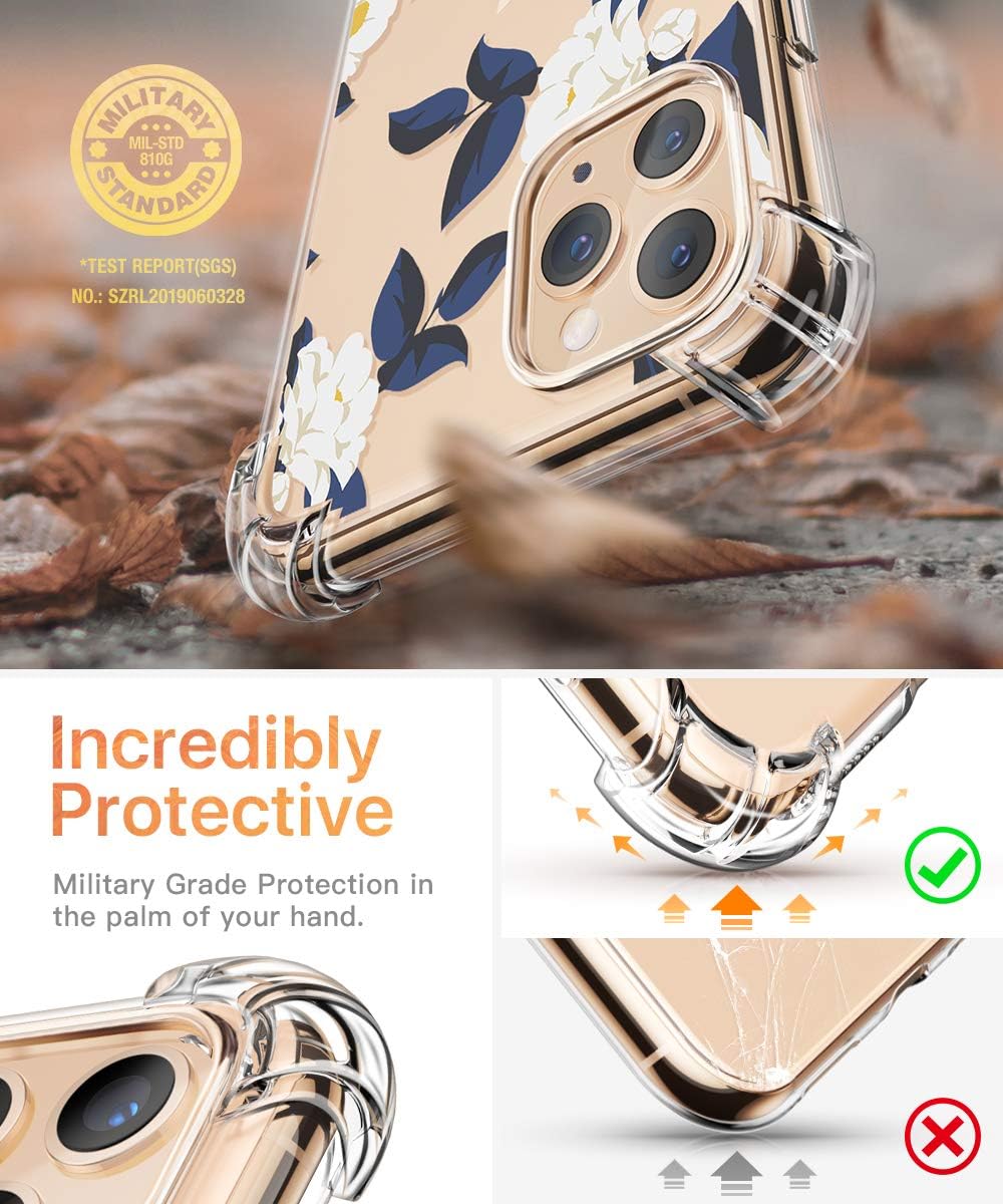 GVIEWIN Compatible with iPhone 11 Pro Case,Clear Flower Design Soft & Flexible TPU Ultra-Thin Shockproof Transparent Bumper Protective Cover,Case for iPhone 11 Pro 5.8" 2019 (White Flowers/Dark Blue)