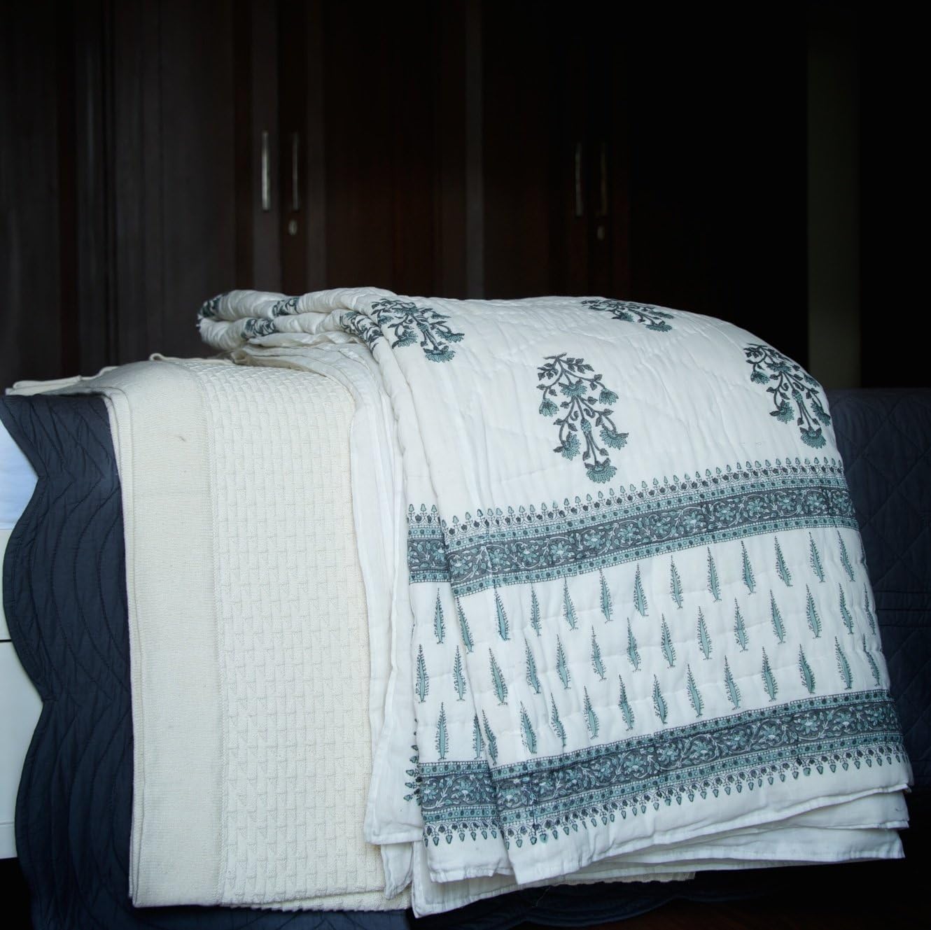 Pokaran, Grey Jaipuri Quilt/Razai, Hand Block Printed and Handmade ~ King Size 100X90 Inches