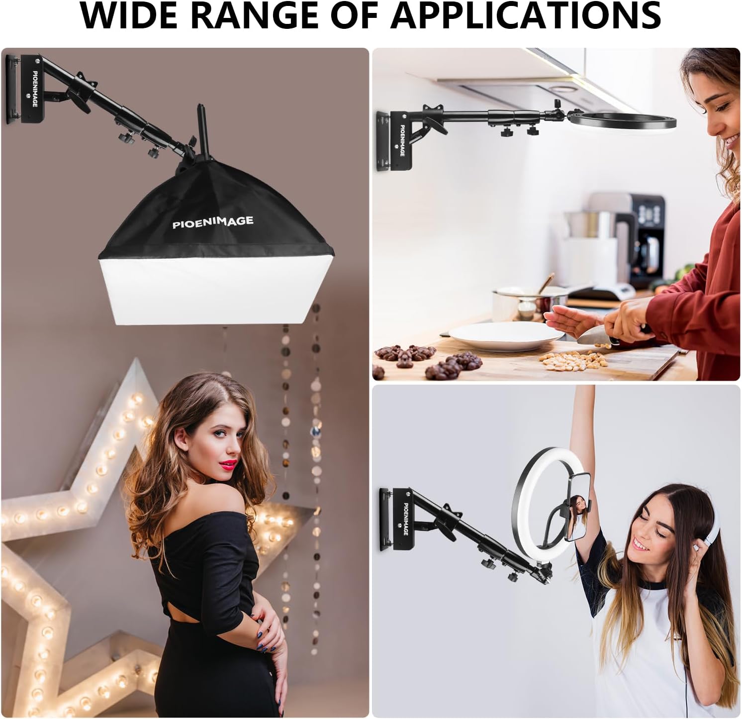 PIOENIMAGE 106.7 cm 壁マウント 三角形ブームアーム、格納式リングライトマウント、ソフトボックス用ウォールマウント