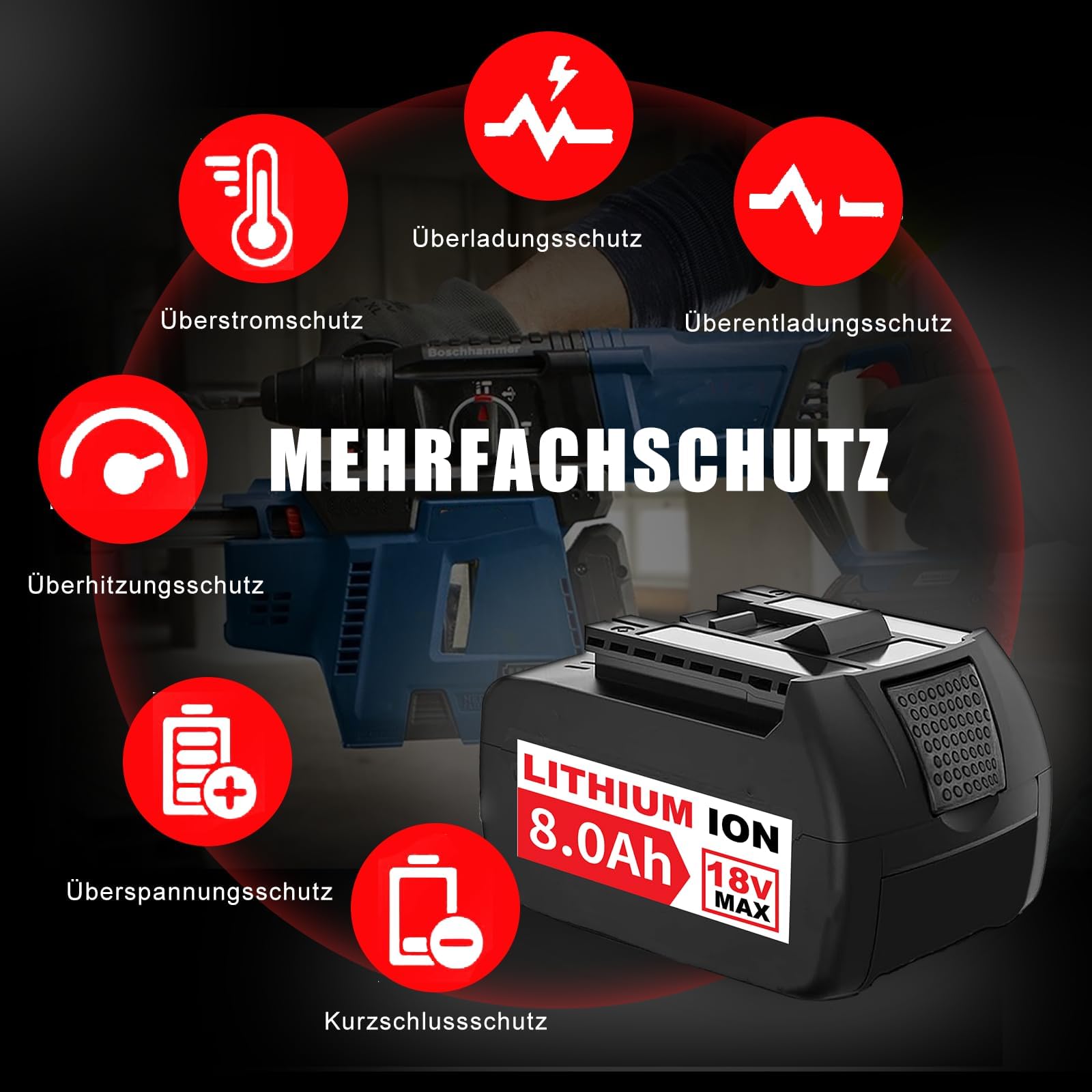 4 Stück 8.0Ah/8000mAh Ersatzakku für Bosch Akku 18V Li-Ionen-Akkus für Bosch 18V Akku BAT609 BAT622 BAT609G BAT618G BAT619 BAT618（Nicht kompatibel mit Home & Garden Geräten sowie PBA-Ladegeräten）