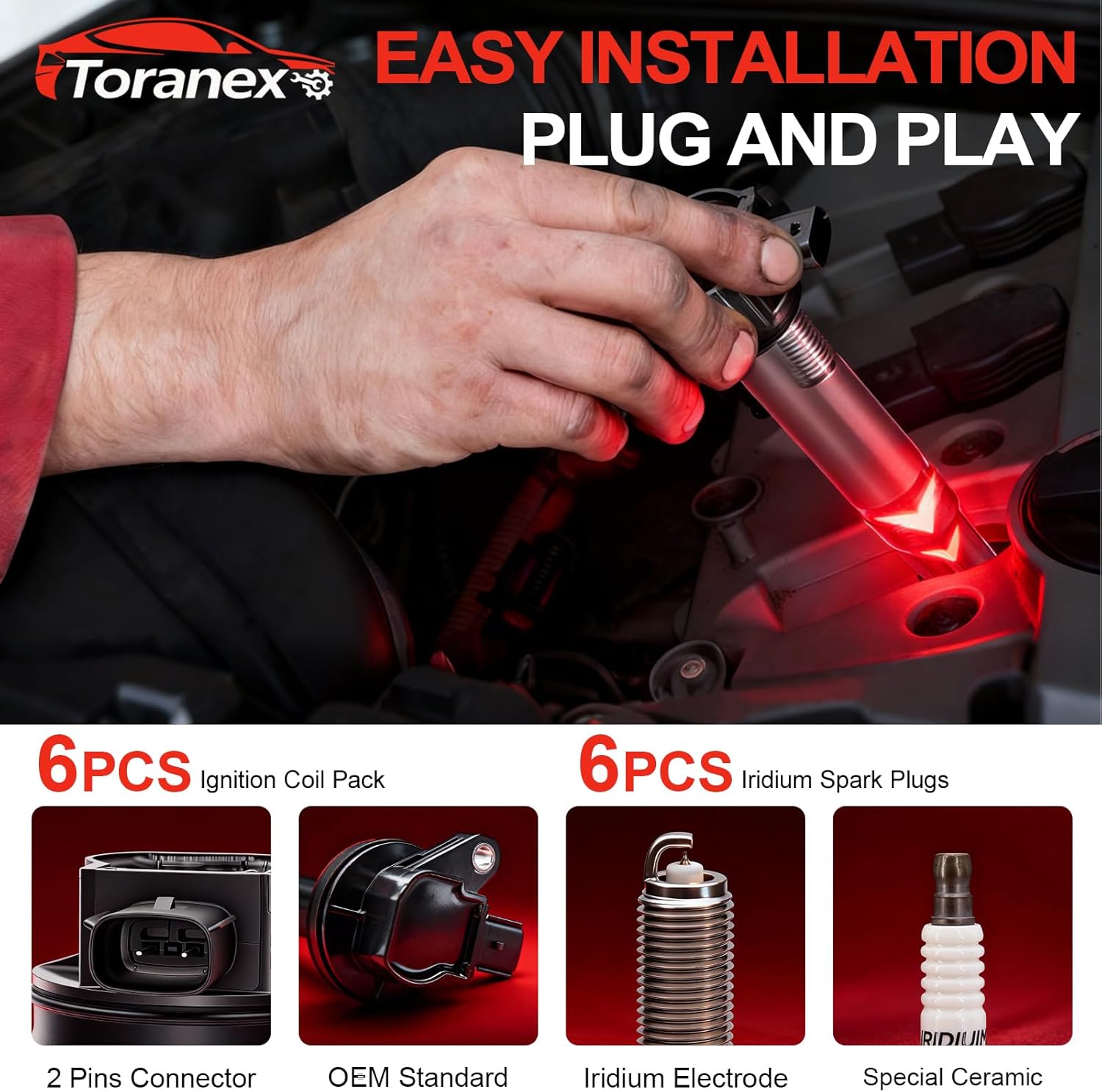 Sets of 6 Ignition Coil Pack UF553 and Iridium Spark Plugs 5019 Compatible with Ford Edge Flex Fusion Taurus X, For Lincoln MKS MKX MKT MKZ 3.5L 3.7L V6 Replaces UF595 DG520 E1053 5C1652 C1595