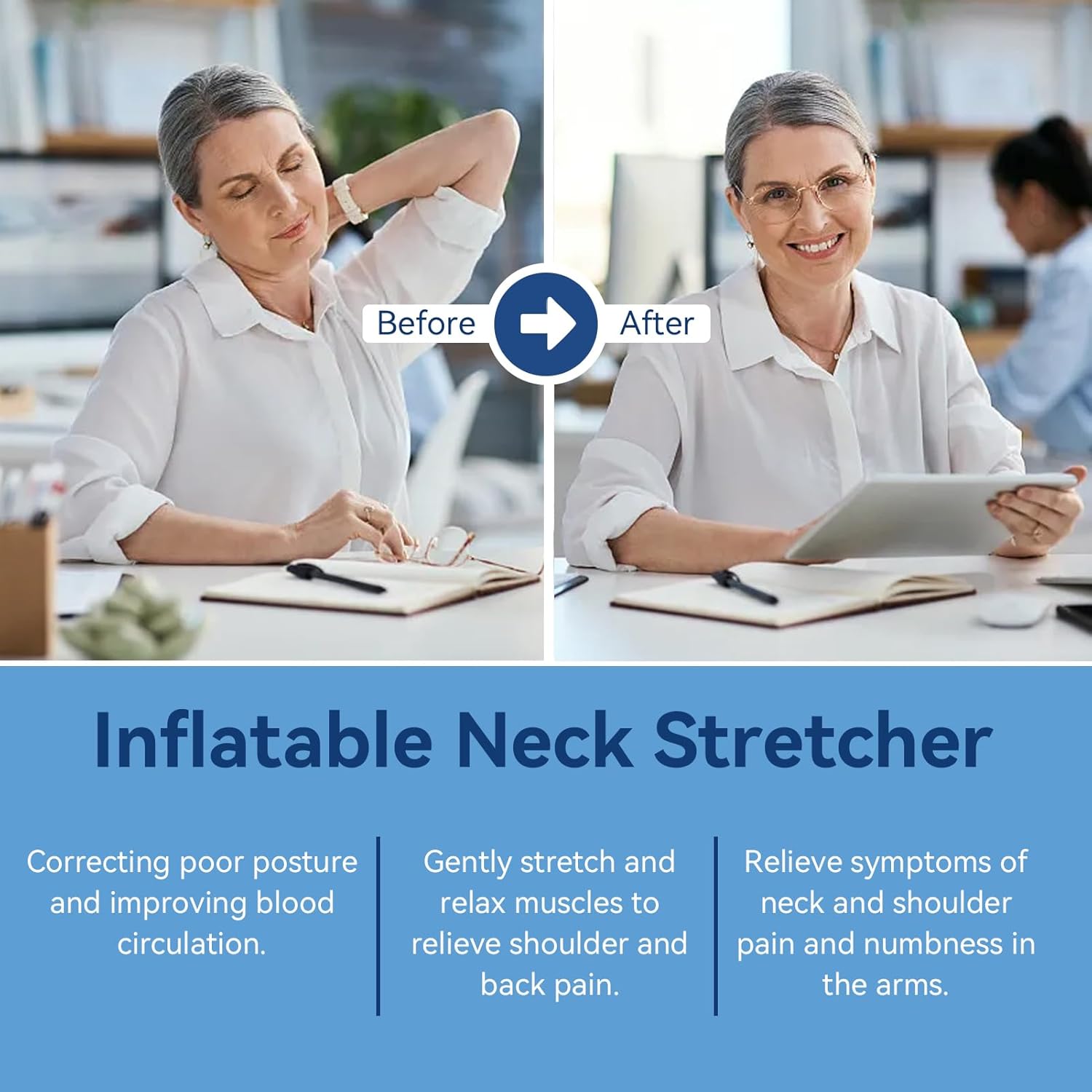 Cervical Traction Device, Inflatable Neck Stretcher Massage Pillow with Adjustable Traction Band and Air Inflation Pump for Neck Pain Relief