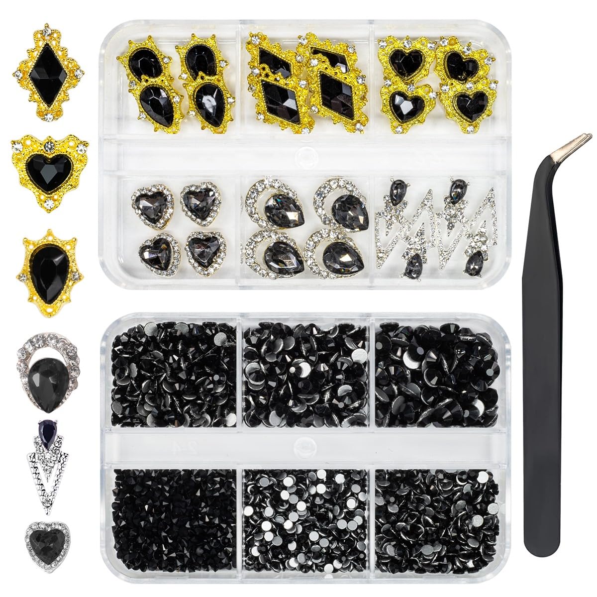 24pcs Black Luxury Nail Charms +2000pcs Jet Black Rhinestones 3D Big Nail Gems K9 Glass Nail Crystals Diamonds Jewelry Stones Alloy Nail Art Studs