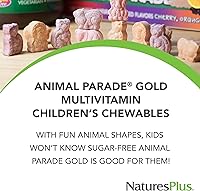 Vista 3 de NaturesPlus Animal Parade Gold Multivitamínico Masticables para niños, sabor a cereza, 60 tabletas masticables en forma de animal, con vitamina D3