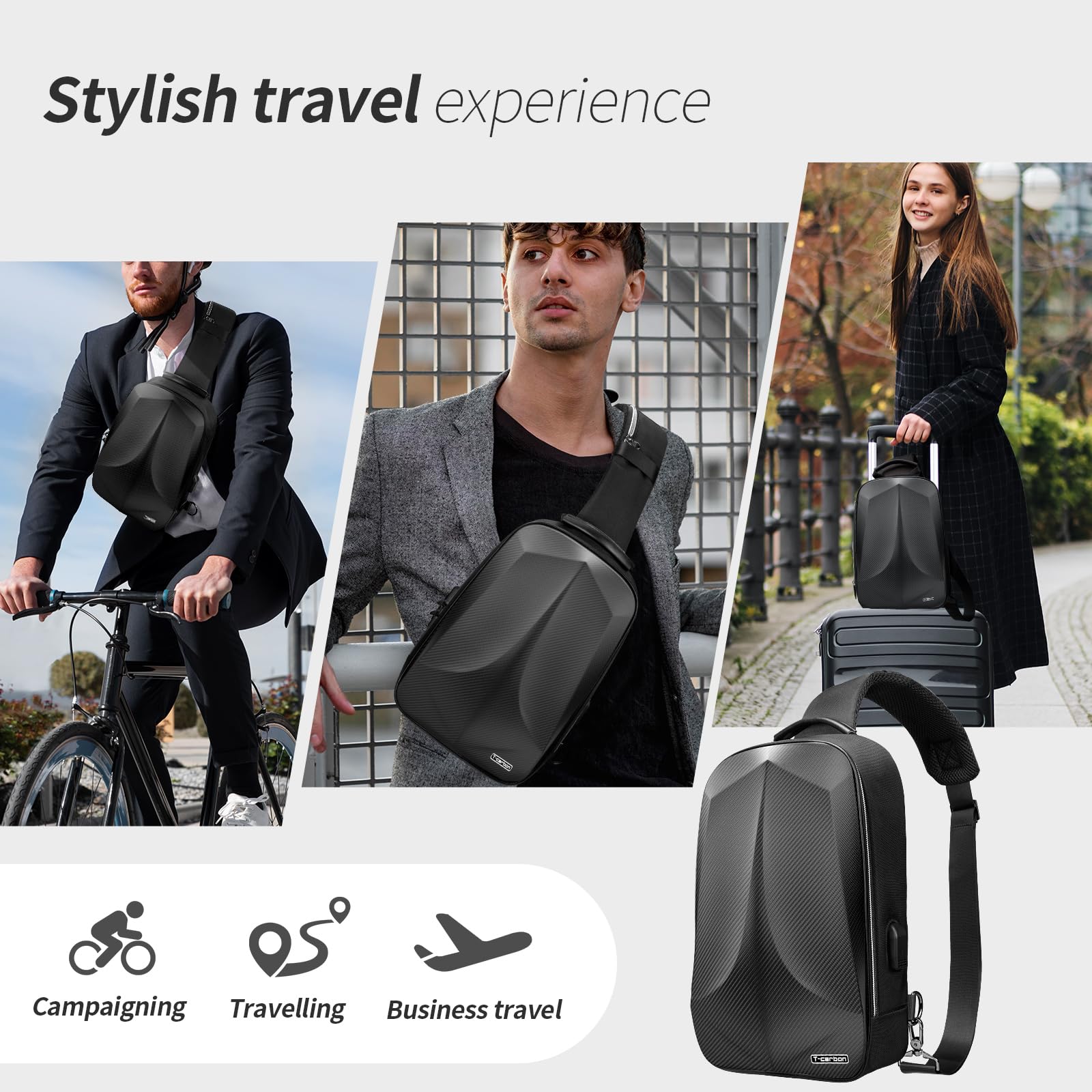 Bolsa cruzada antirrobo de fibra de carbono real para hombres, bolsa de viaje, mochila de una sola correa con USB y bloqueo de reinicio para viajes, deportes, ciclismo, uso diario 6