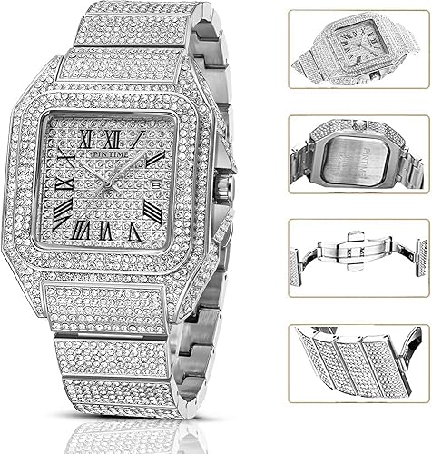 Miniatura 4 de Reloj de pulsera analógico de cuarzo de moda para hombre con diseño de hip hop y diamantes de imitación de acero inoxidable