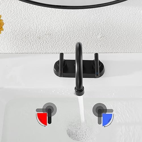 Miniatura 4 de GGStudy - Grifo de lavabo de baño negro mate, 2 asas, 4 pulgadas, grifo negro con montaje de drenaje y manguera de suministro, grifo de lavabo