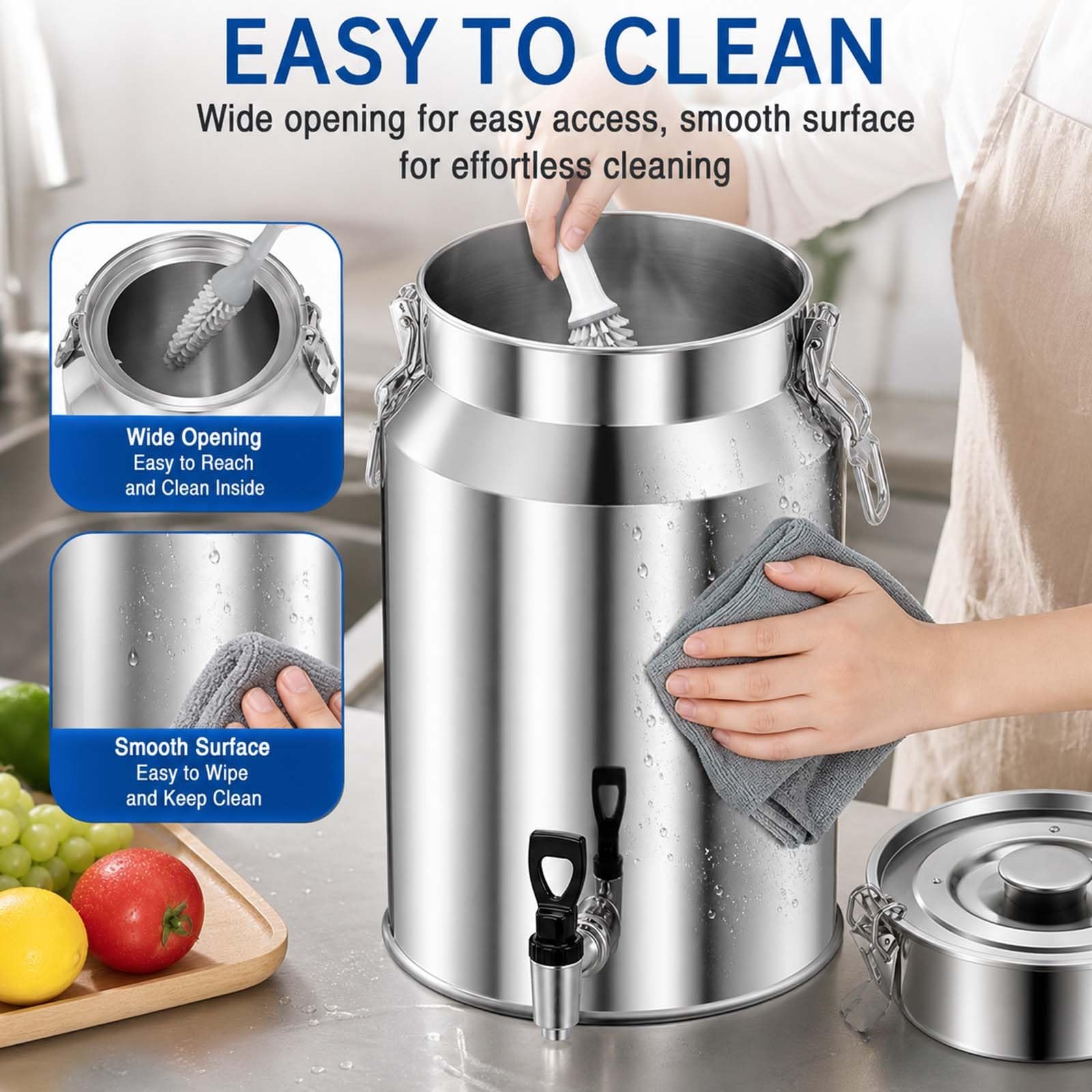 Milchkanne 304 Edelstahl Wasserspender, 48L 64L 76L 88L Milcheimer Transportkanne mit Luftdichtem Deckel und Ablasshahn, Auslaufsicherer Behälter für Wein & Speiseöl