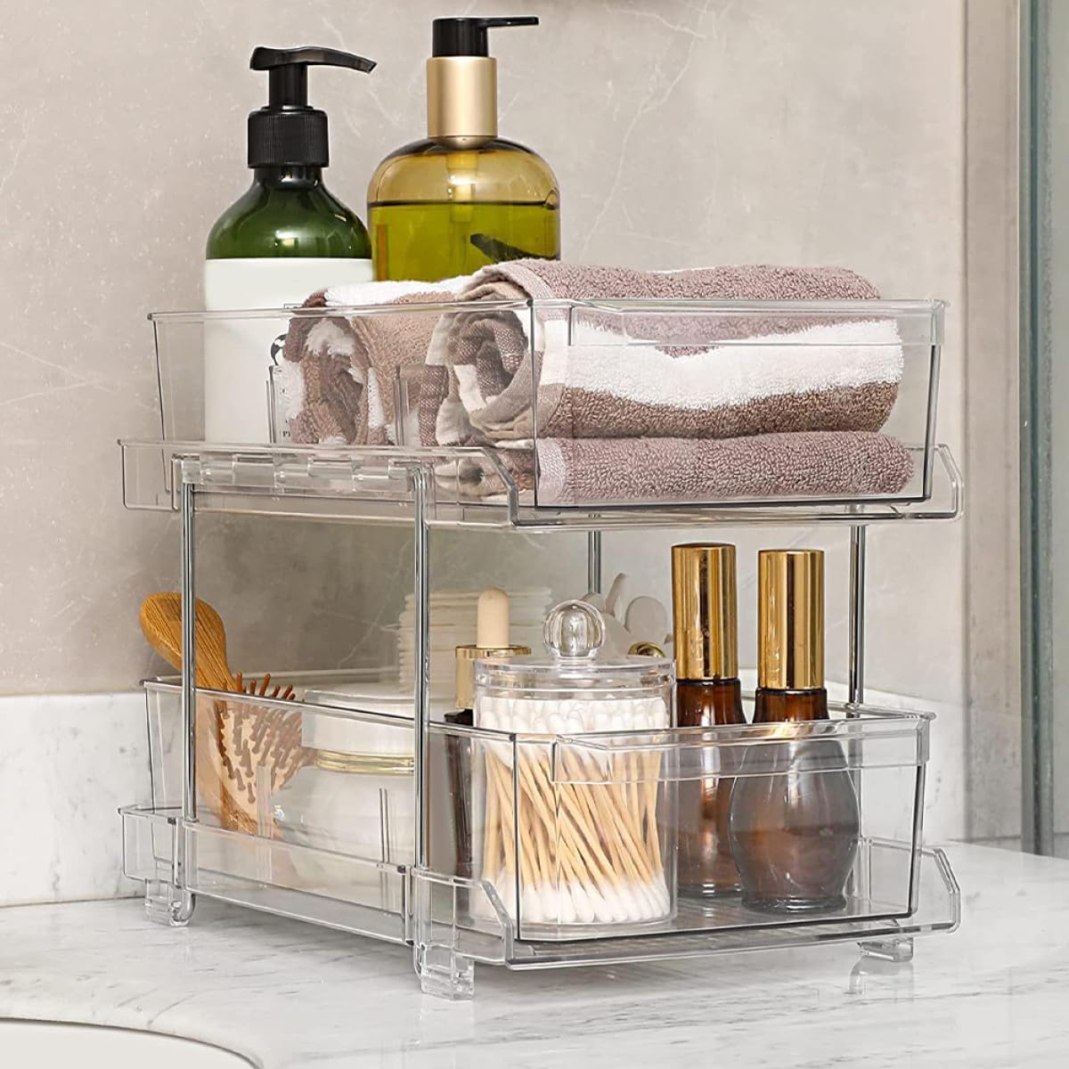 2-tier Sliding Storage Rack with Adjustable Divider, Plastic Organizer Shelf for Kitchen and Bathroom Countertop, Space-saving Home Storage Solution