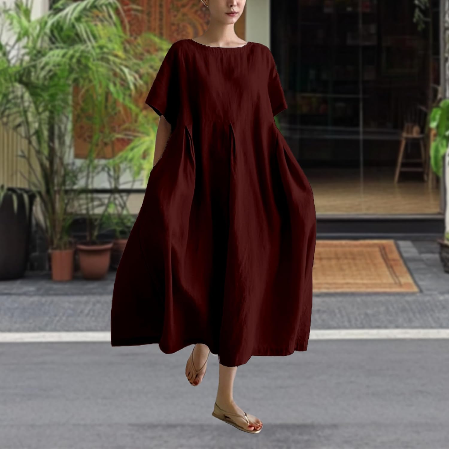 MARSVOVO Patchwork Flowy Dresses for Women Plus Size Loose Casual Tunic Dress Elegant Crewneck Maxi Dresses with Pockets - Image 2