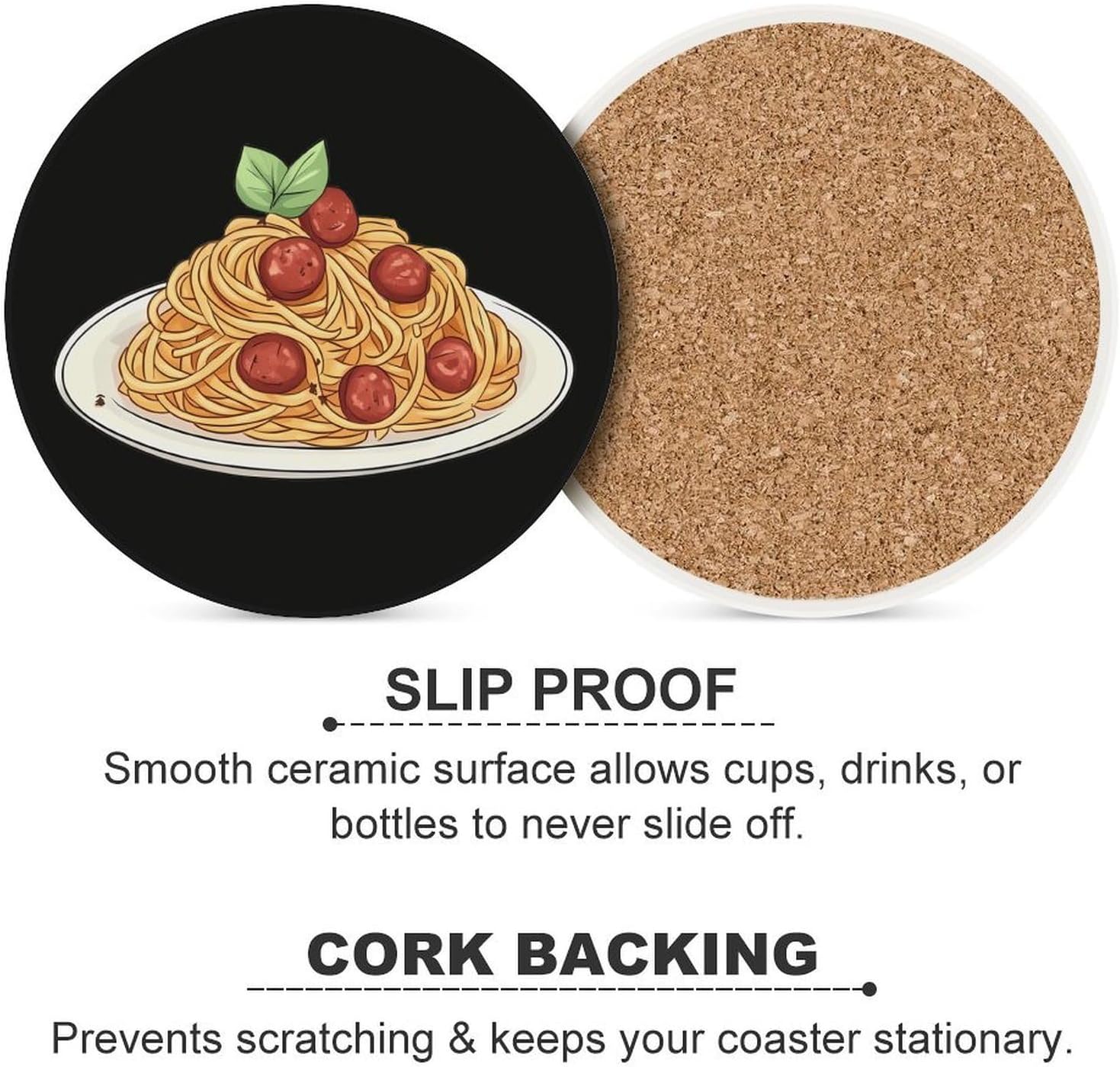 Italian Meatball Spaghetti Funny Round Ceramic Coasters for Drink Absorbent Cup Holders Tabletop Protection