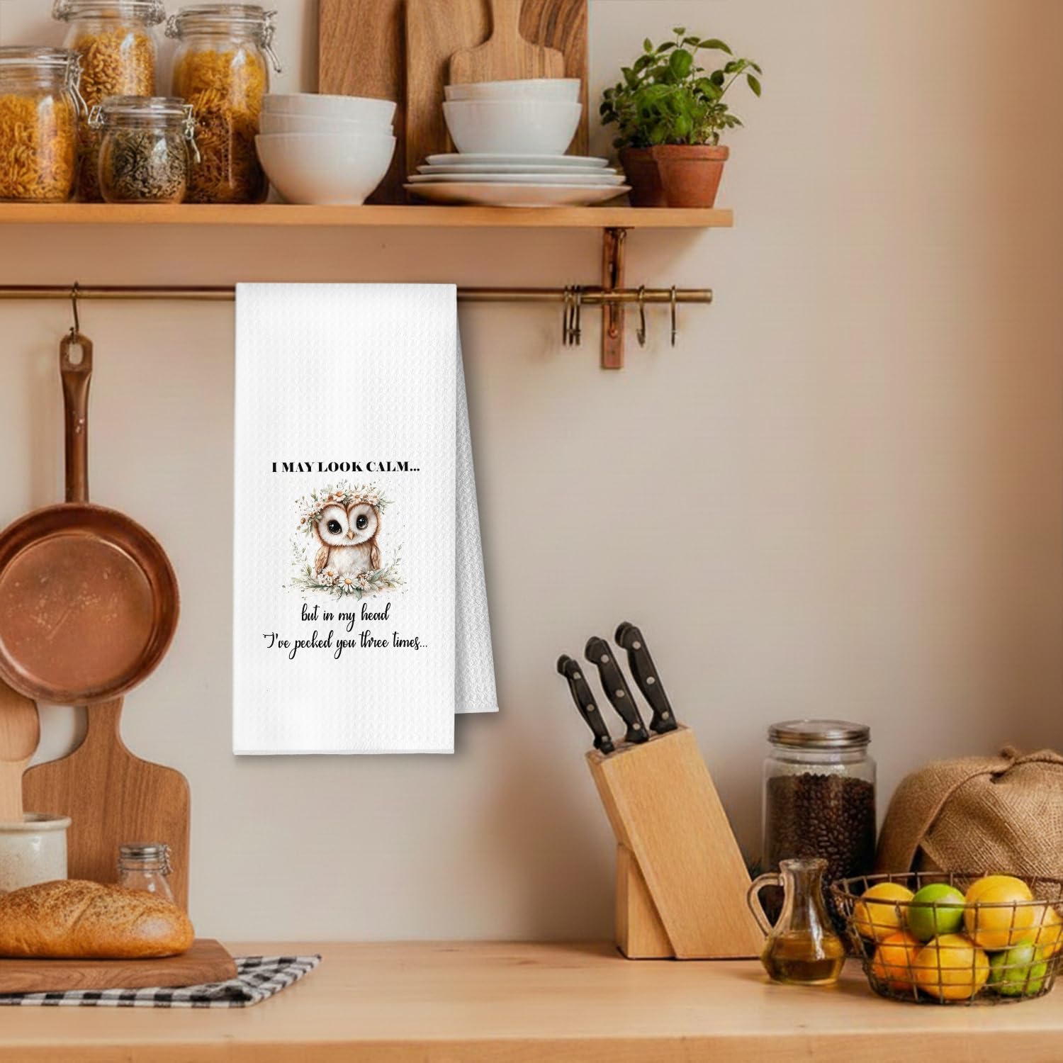 Funny Owl Kitchen Towels, Gifts for Owls Lovers Dish Tea Towels, I May Look Calm Humorous Daisy Floral Owl Decorative Hand Towel for Bathroom Kitchen, 16x24 Inch - Image 2