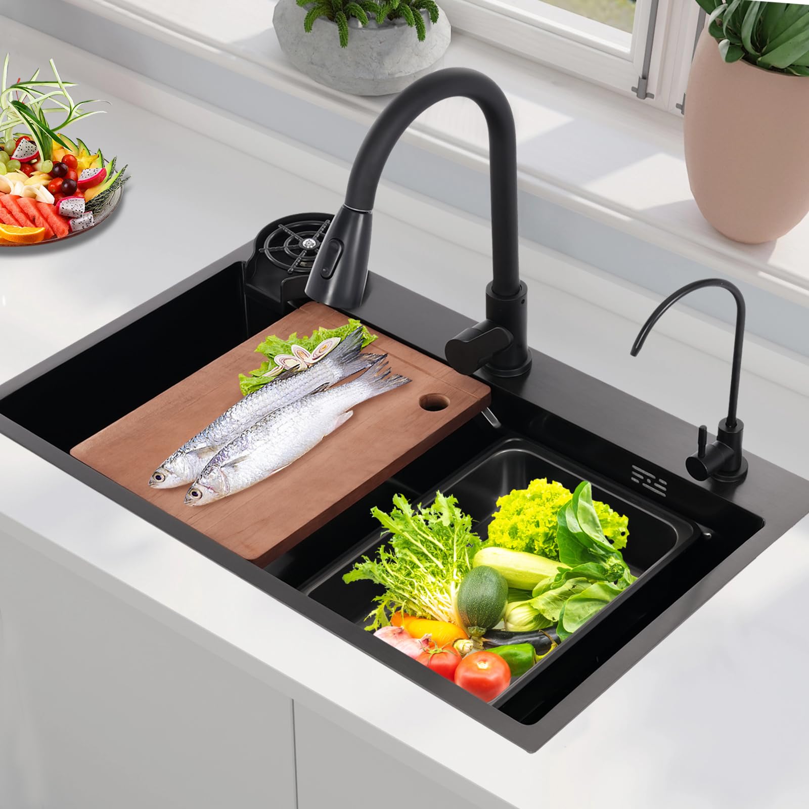 MINRS Évier de cuisine noir avec robinet, 75 x 45 cm, encastrable avec lave-vaisselle à tasses, planche à découper et égouttoir, 1 bac avec trois modes de sortie d'eau