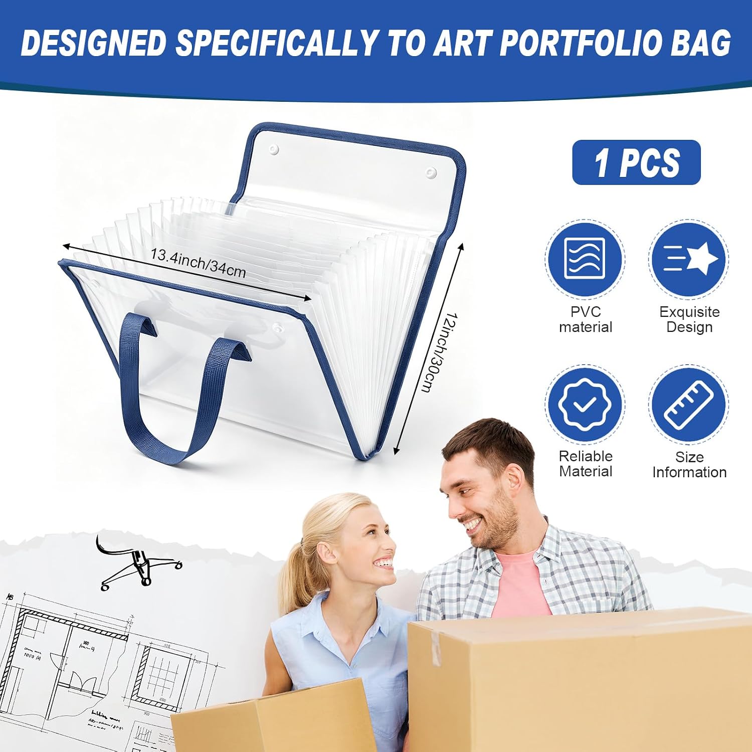 1 Pack 12x13.4 Inch Kids Art Portfolio, Expanding File Organizer with 13 Pockets, Art Portfolio for Kids with Handle, Oxford Cloth Edge Transparent Artwork Folder for Children
