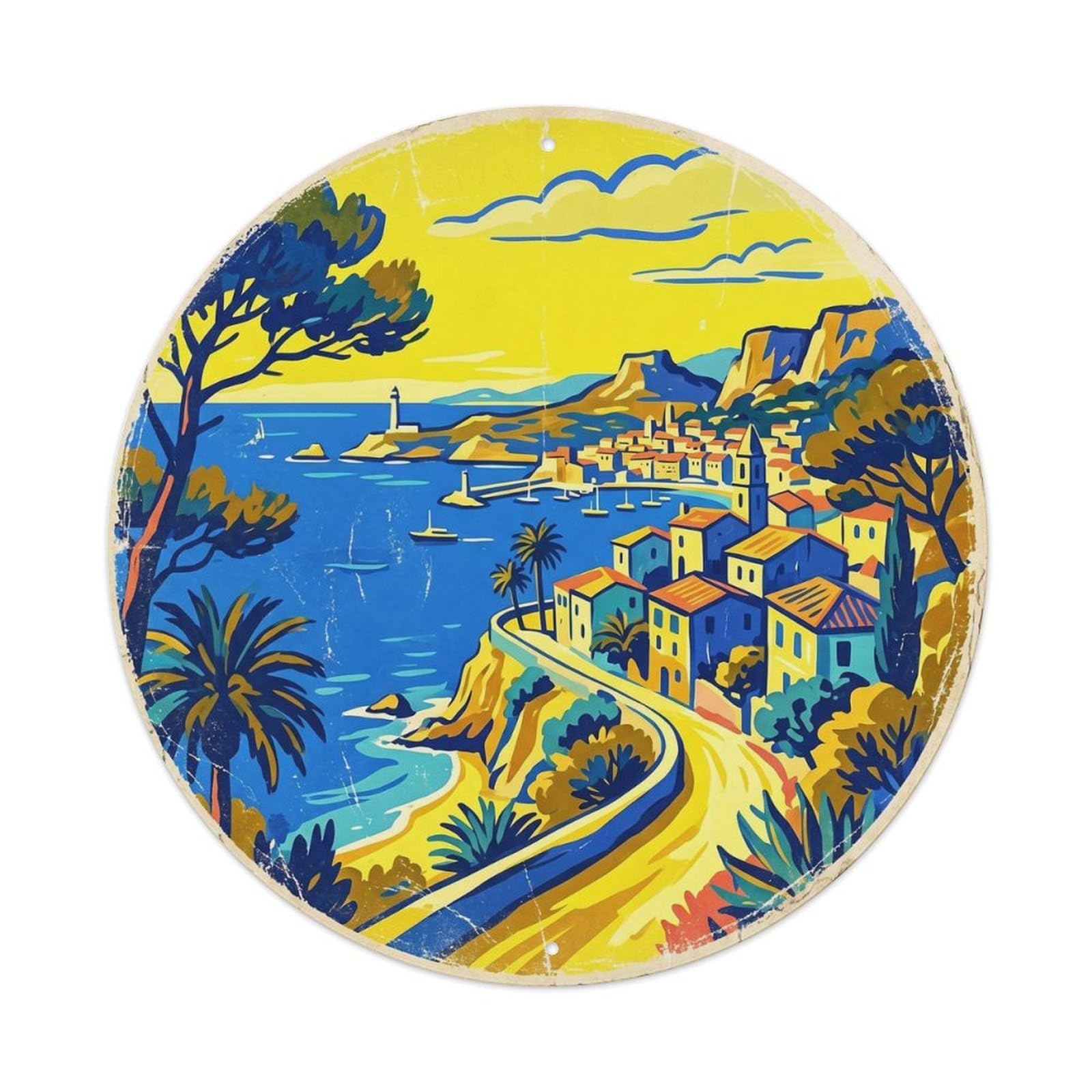 Riviera France Coastline Cityscape Vintage Travel Map Cartography Metal Tin Sign Plaque Wall Decor for Cafe, Man Cave, Club Bar, Office, Home Garden Round Metal Poster 8x8Inch