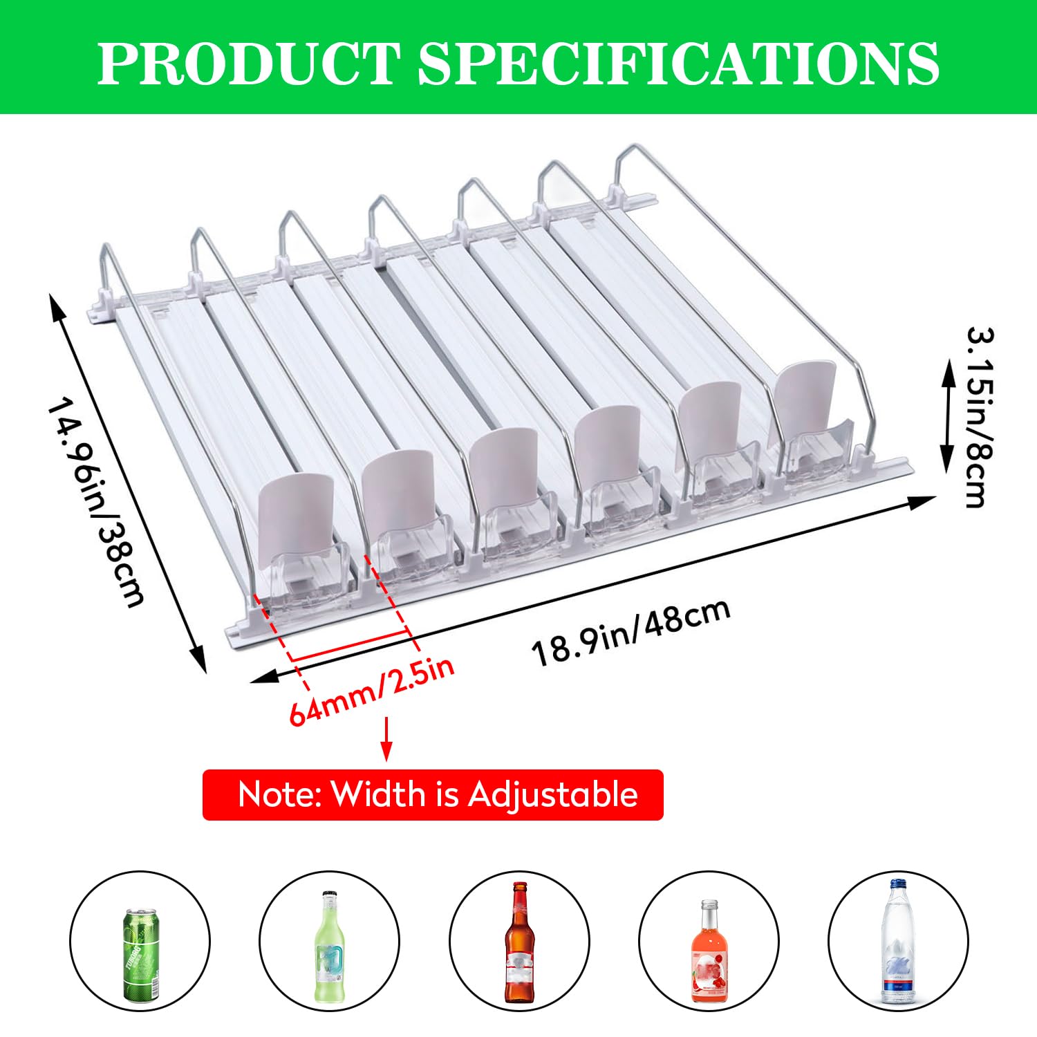 El Deslizador Automático para Empujar Bebidas Tiene Capacidad para Hasta 30 Latas, Ancho Ajustable, Autoempuje, Organizador de Latas de 12 Oz, 16 Oz, 16,9 Oz y 20 Oz para Refrigerador (Blanco 38cm)